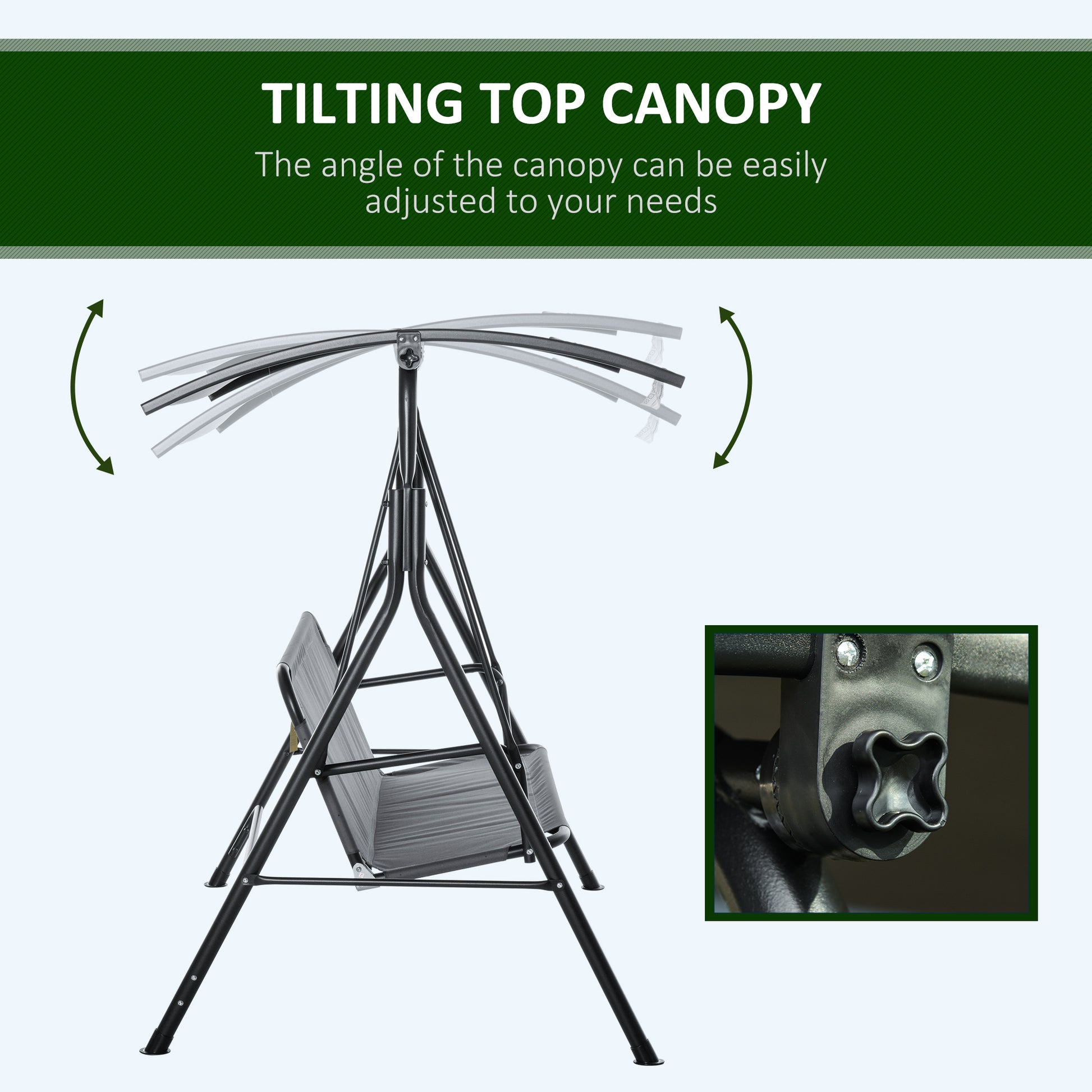 3 Person Porch Swing With Stand, Outdoor Swing For Patio Porch With Adjustable Tilt Canopy And Comfortable Swing Bench Style Seat, Steel Frame, Gray Gray Steel