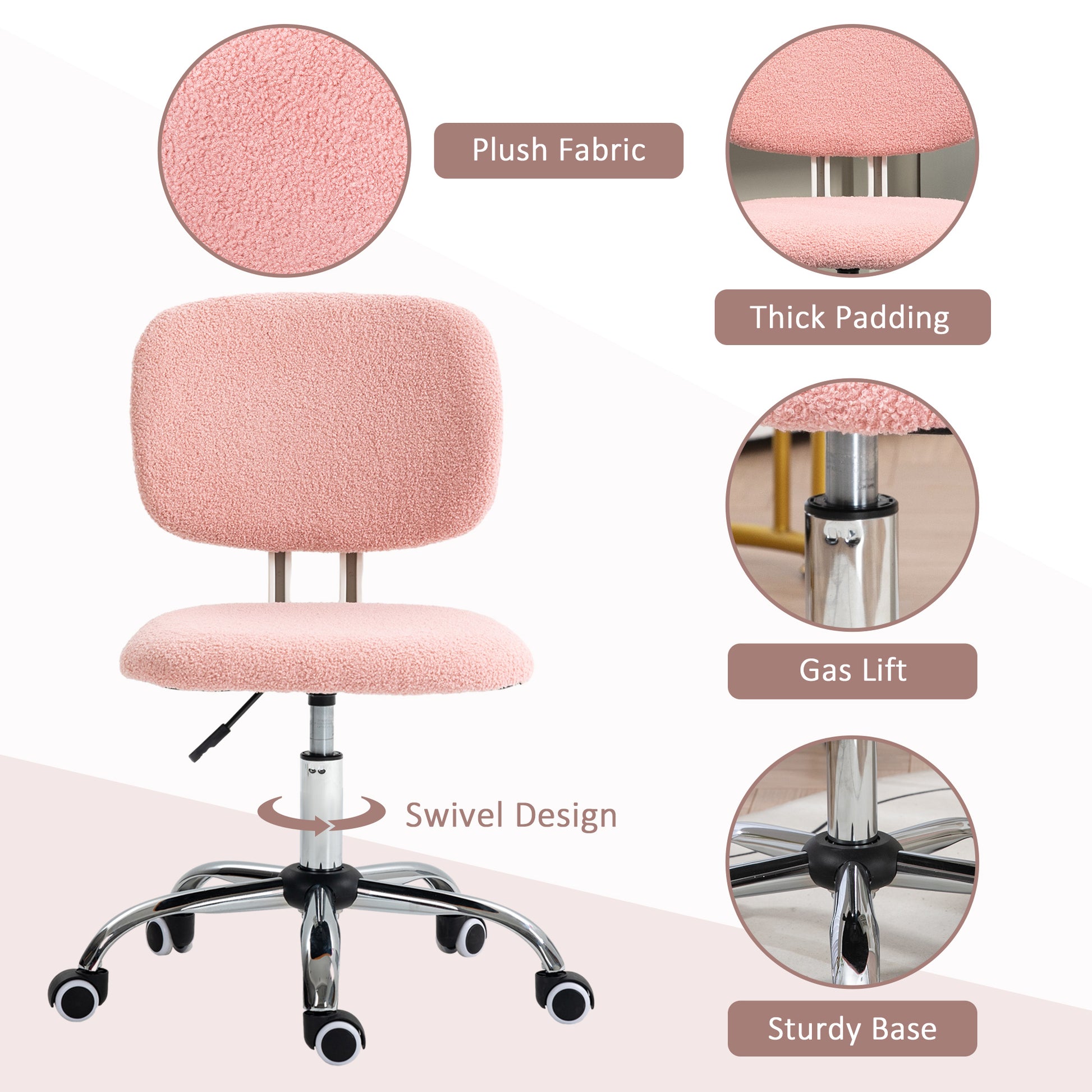Cute Armless Office Chair, Teddy Fleece Fabric Computer Desk Chair, Vanity Task Chair With Adjustable Height, Swivel Wheels, Mid Back, Pink Pink Linen