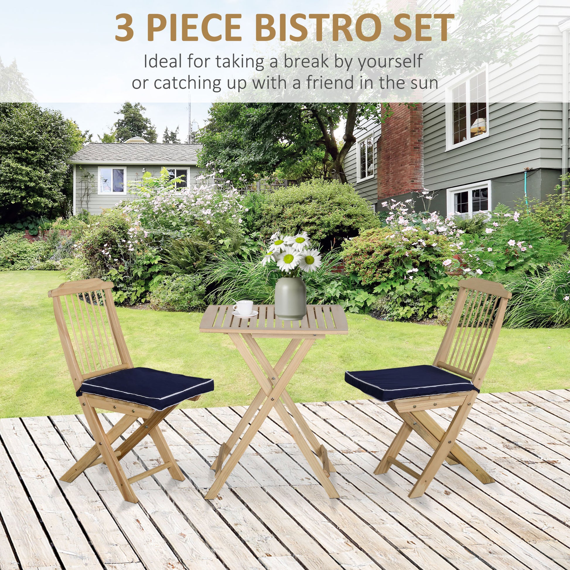 3 Pieces Patio Folding Bistro Set, Outdoor Pine Wood Table And Chairs Set With Tie On Cushion & Square Coffee Table, Great For Indoor, Poolside, Garden, Dark Blue Natural Wood