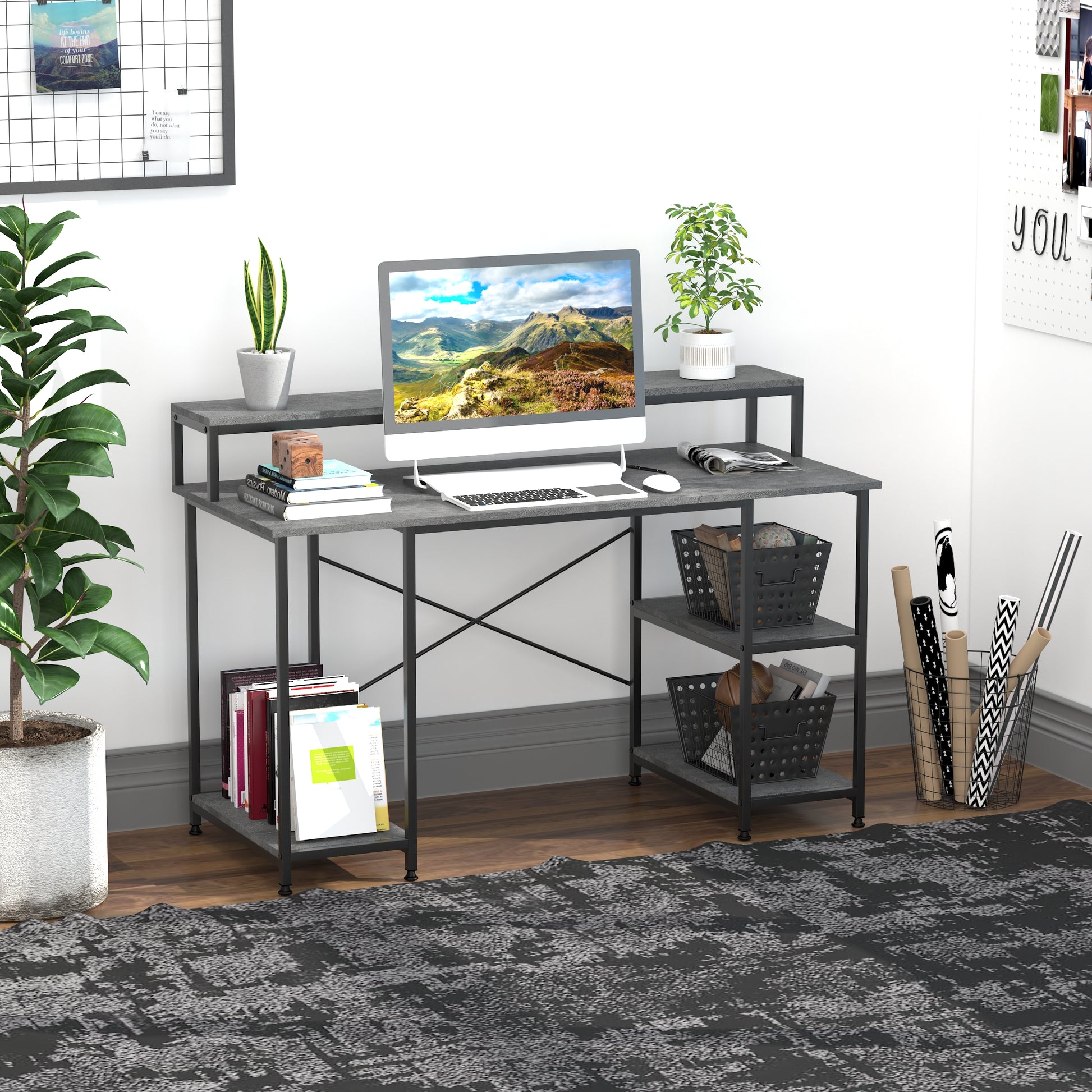 55 Inch Home Office Computer Desk Study Writing Workstation With Storage Shelves, Elevated Monitor Shelf, Cpu Stand, Durable X Shaped Construction, Grey Wood Grain Grey Engineered Wood