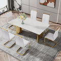Modern Minimalist Dining Table. The White Imitation Marble Glass Desktop Is Equipped With Golden Metal Legs. Suitable For Restaurants And Living Rooms 71 
