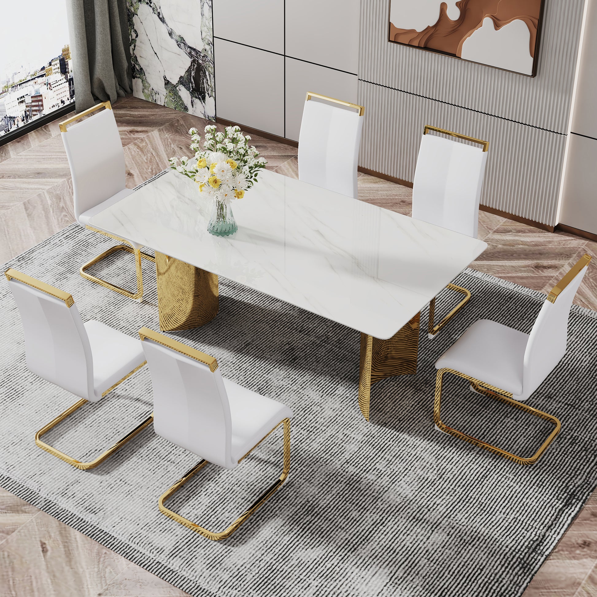 Modern Minimalist Dining Table. The White Imitation Marble Glass Desktop Is Equipped With Golden Metal Legs. Suitable For Restaurants And Living Rooms 71 "* 39.3" * 29.5 "Dt 69 White Glass