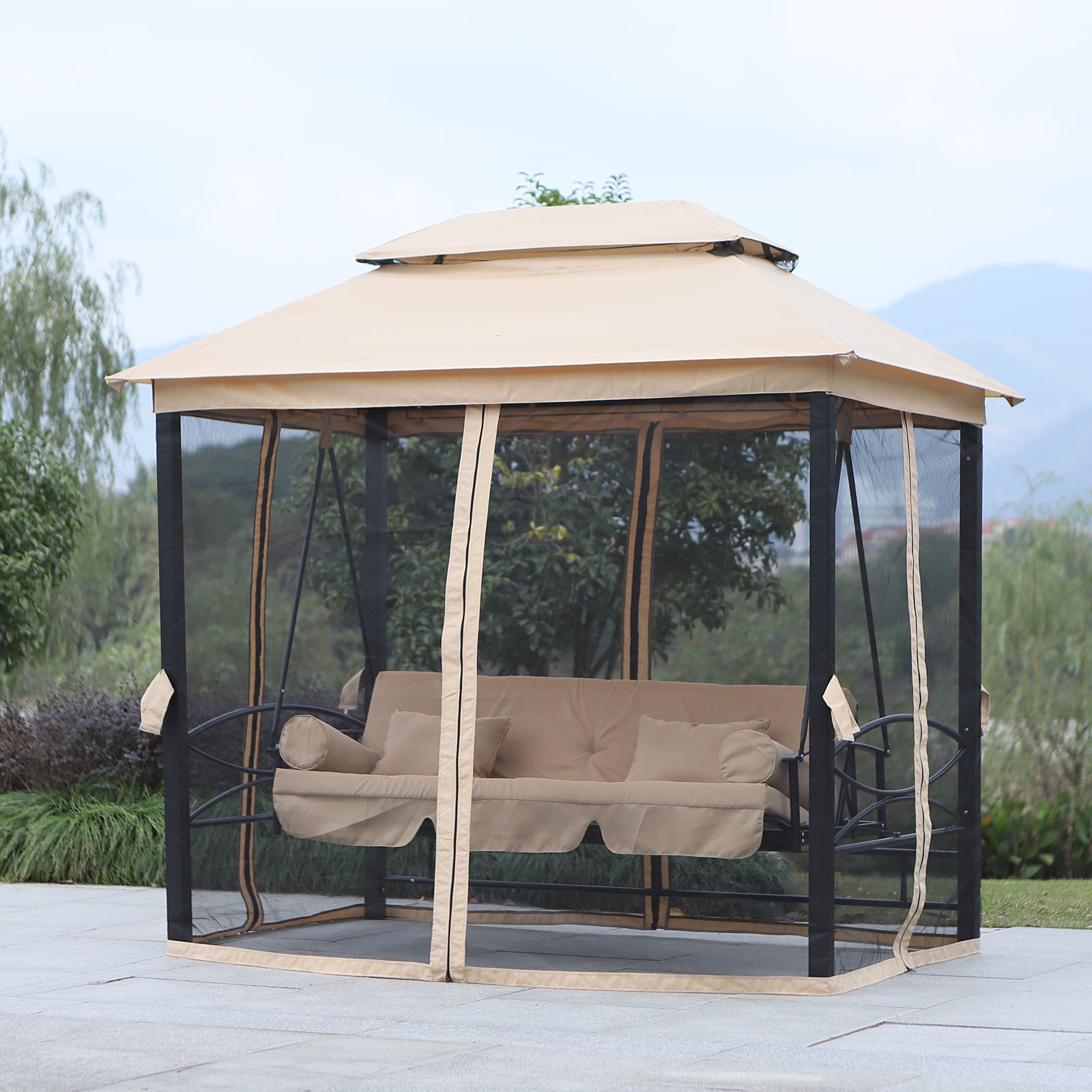 3 Seat Patio Swing Chair, Outdoor Gazebo Swing With Double Tier Canopy, Mesh Sidewalls, Cushioned Seat And Pillows, Beige Beige Steel