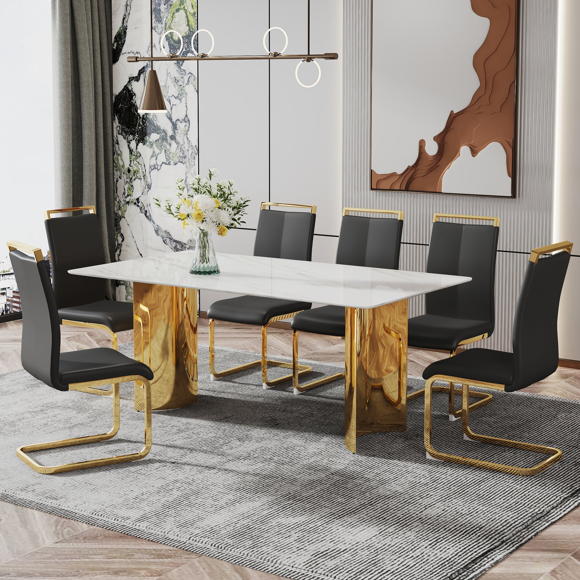 Modern Minimalist Dining Table. The White Imitation Marble Glass Desktop Is Equipped With Golden Metal Legs. Suitable For Restaurants And Living Rooms 71 "* 39.3" * 29.5 "Dt 69 White Glass