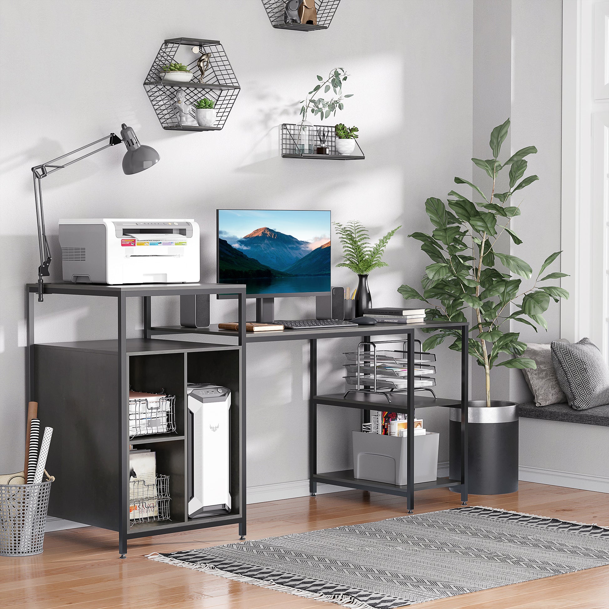 68 Inch Office Table Computer Desk Workstation Bookshelf With Cpu Stand, Spacious Storage Shelves & Chic Modern Woodgrain Design, Grey Grey Engineered Wood