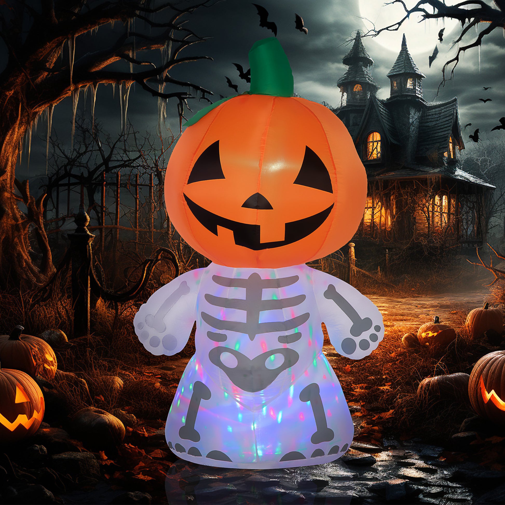 6Ft Halloween Inflatables Outdoor Decorations, Smiling Skeleton Ghost With Pumpkin Head, Blow Up Led Yard Decor For Garden, Lawn, Party, Holiday, Waterproof Orange Polyester