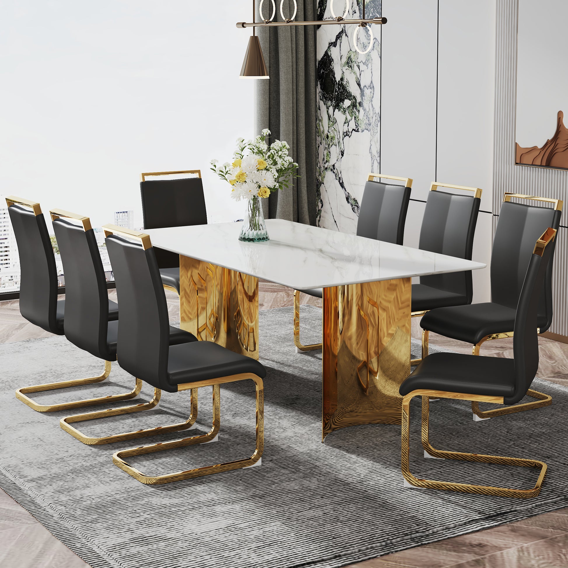 Modern Minimalist Dining Table. The White Imitation Marble Glass Desktop Is Equipped With Golden Metal Legs. Suitable For Restaurants And Living Rooms 71 "* 39.3" * 29.5 "Dt 69 White Glass