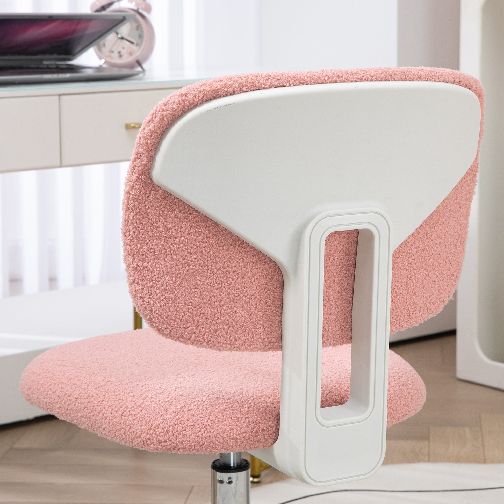 Cute Armless Office Chair, Teddy Fleece Fabric Computer Desk Chair, Vanity Task Chair With Adjustable Height, Swivel Wheels, Mid Back, Pink Pink Linen