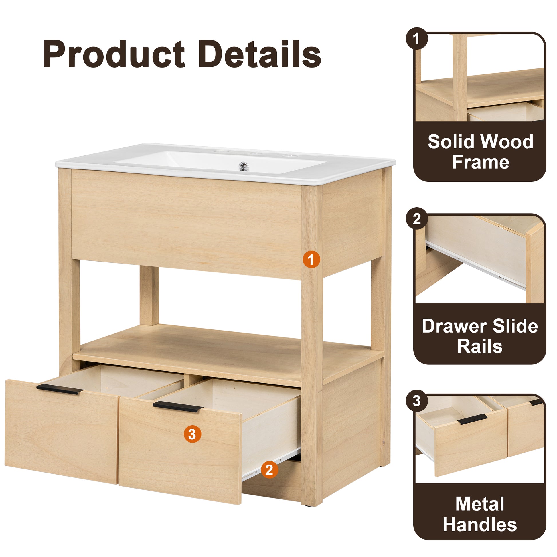 30" Bathroom Vanity With Sink Top, Bathroom Cabinet With Open Storage Shelf And Two Drawers, One Package, Natural Old Sku:Wf311619Aad Natural Solid Wood Mdf