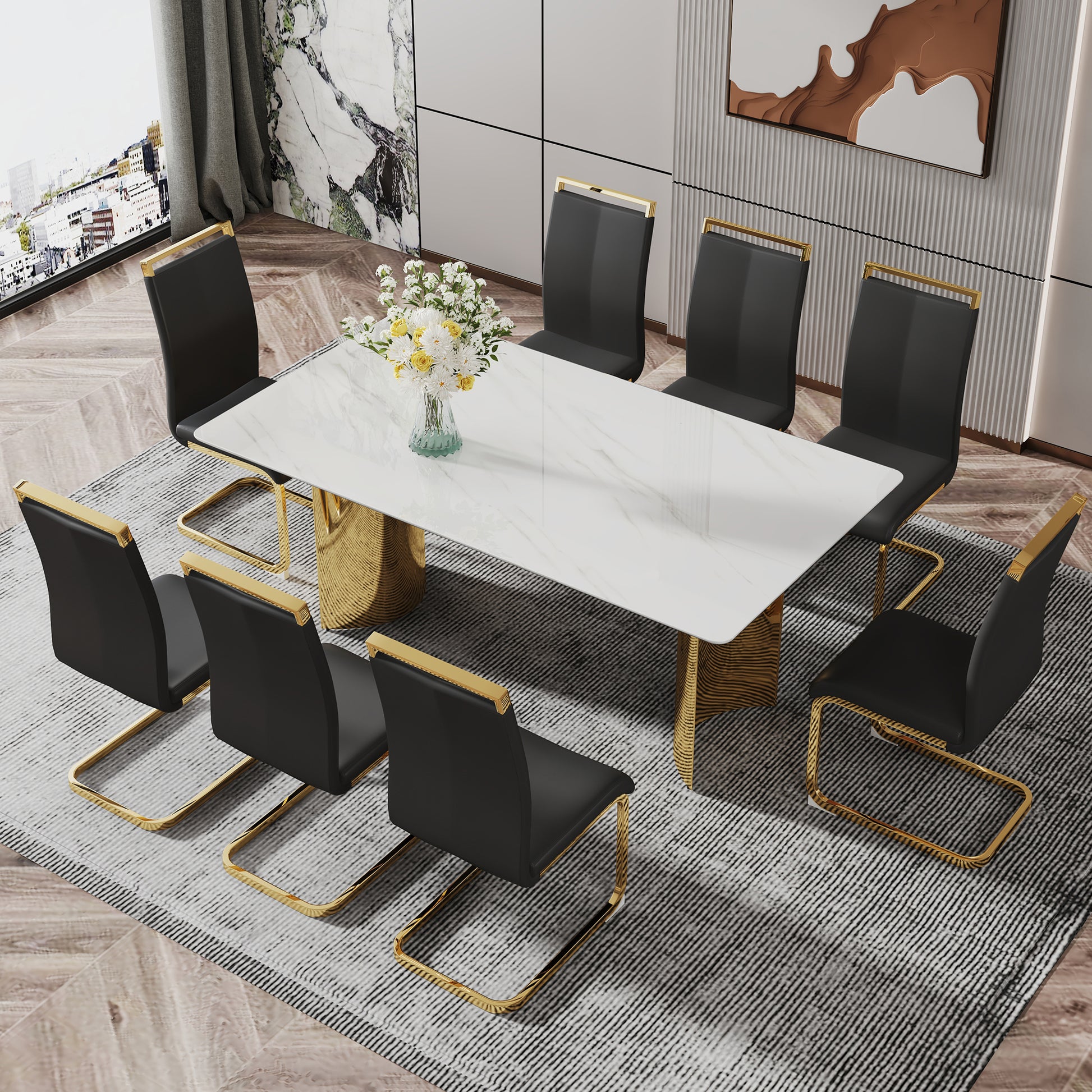 Modern Minimalist Dining Table. The White Imitation Marble Glass Desktop Is Equipped With Golden Metal Legs. Suitable For Restaurants And Living Rooms 71 "* 39.3" * 29.5 "Dt 69 White Glass
