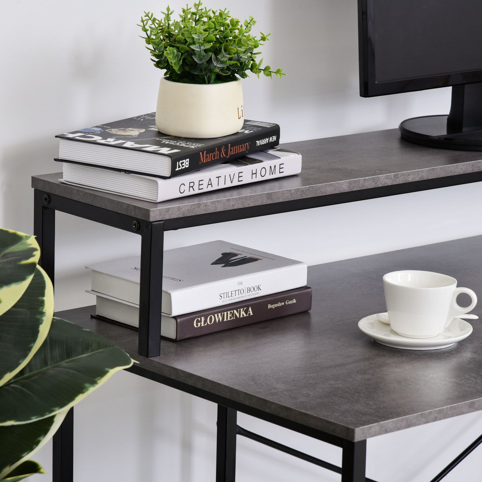 55 Inch Home Office Computer Desk Study Writing Workstation With Storage Shelves, Elevated Monitor Shelf, Cpu Stand, Durable X Shaped Construction, Grey Wood Grain Grey Engineered Wood