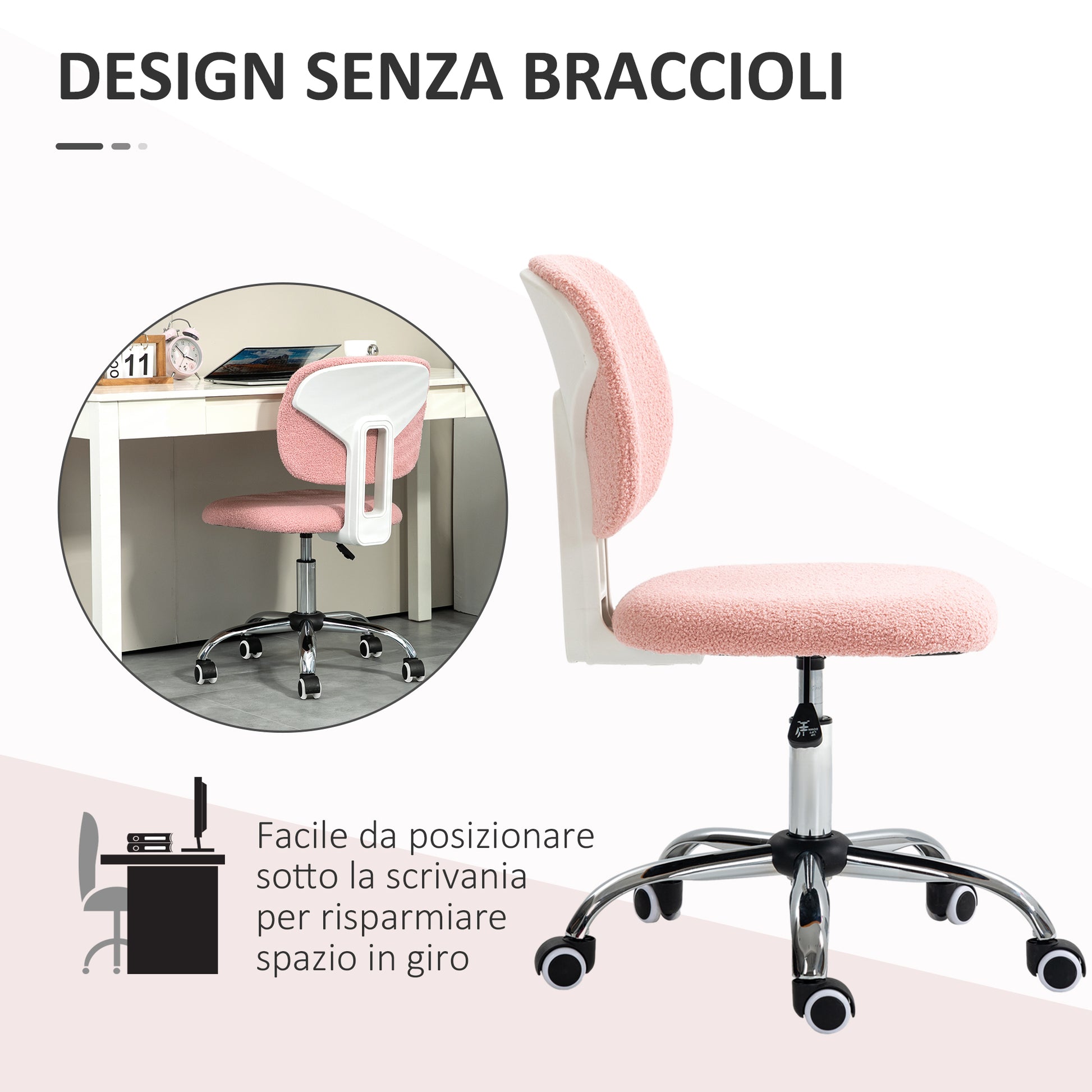 Cute Armless Office Chair, Teddy Fleece Fabric Computer Desk Chair, Vanity Task Chair With Adjustable Height, Swivel Wheels, Mid Back, Pink Pink Linen