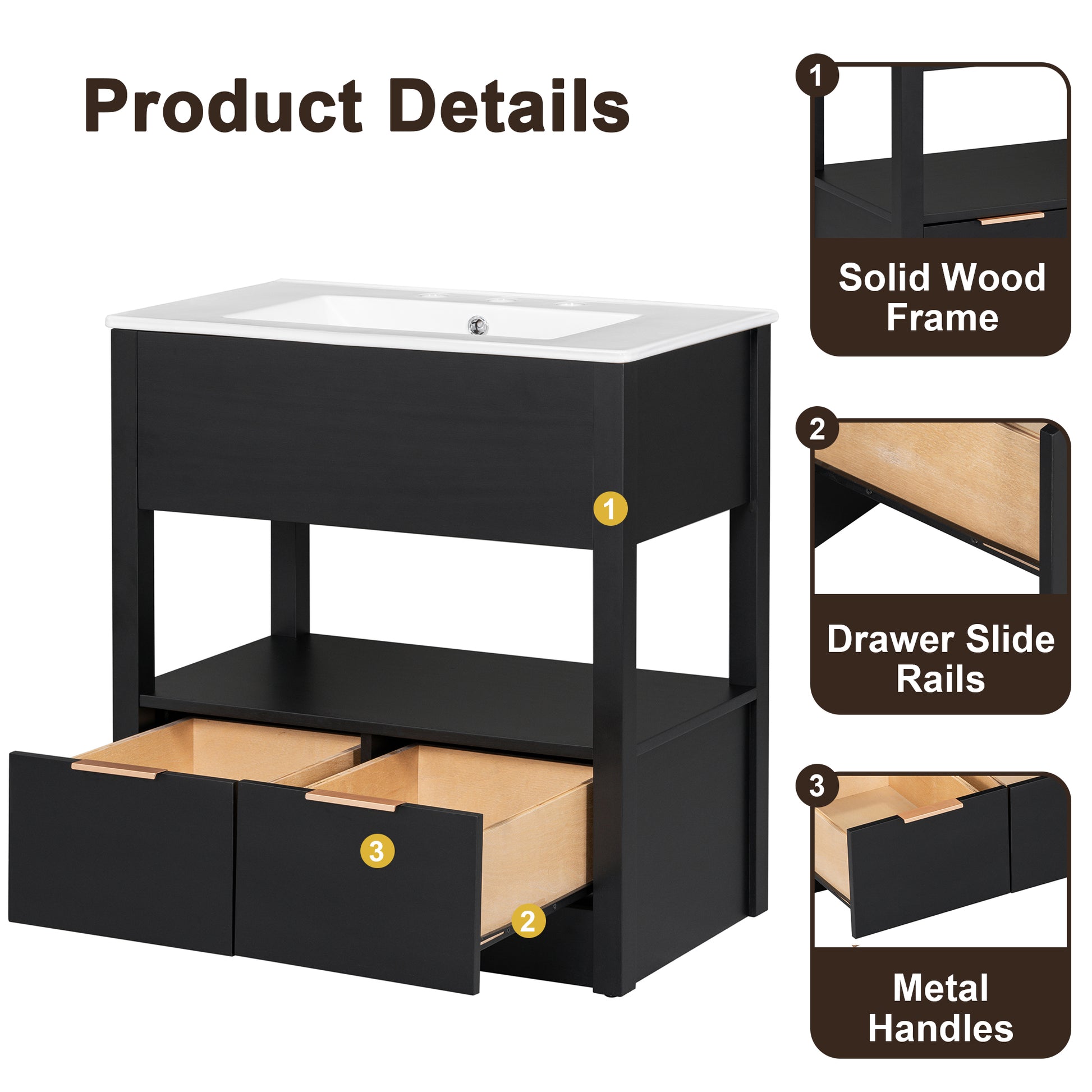 30" Bathroom Vanity With Sink Top, Bathroom Cabinet With Open Storage Shelf And Two Drawers, One Package, Black Old Sku:Wf311619Aap Black Solid Wood Mdf