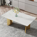 Modern Minimalist Dining Table. The White Imitation Marble Glass Desktop Is Equipped With Golden Metal Legs. Suitable For Restaurants And Living Rooms 71 