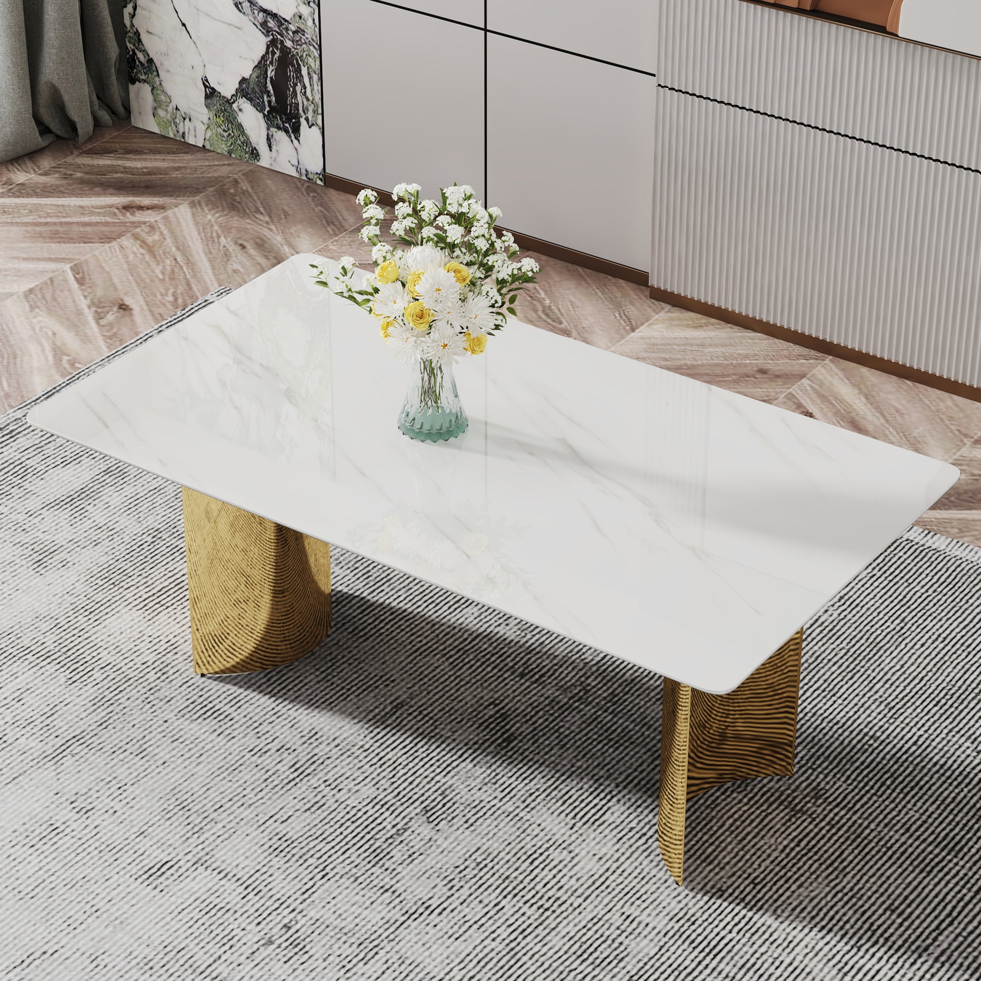 Modern Minimalist Dining Table. The White Imitation Marble Glass Desktop Is Equipped With Golden Metal Legs. Suitable For Restaurants And Living Rooms 71 "* 39.3" * 29.5 "Dt 69 White Glass