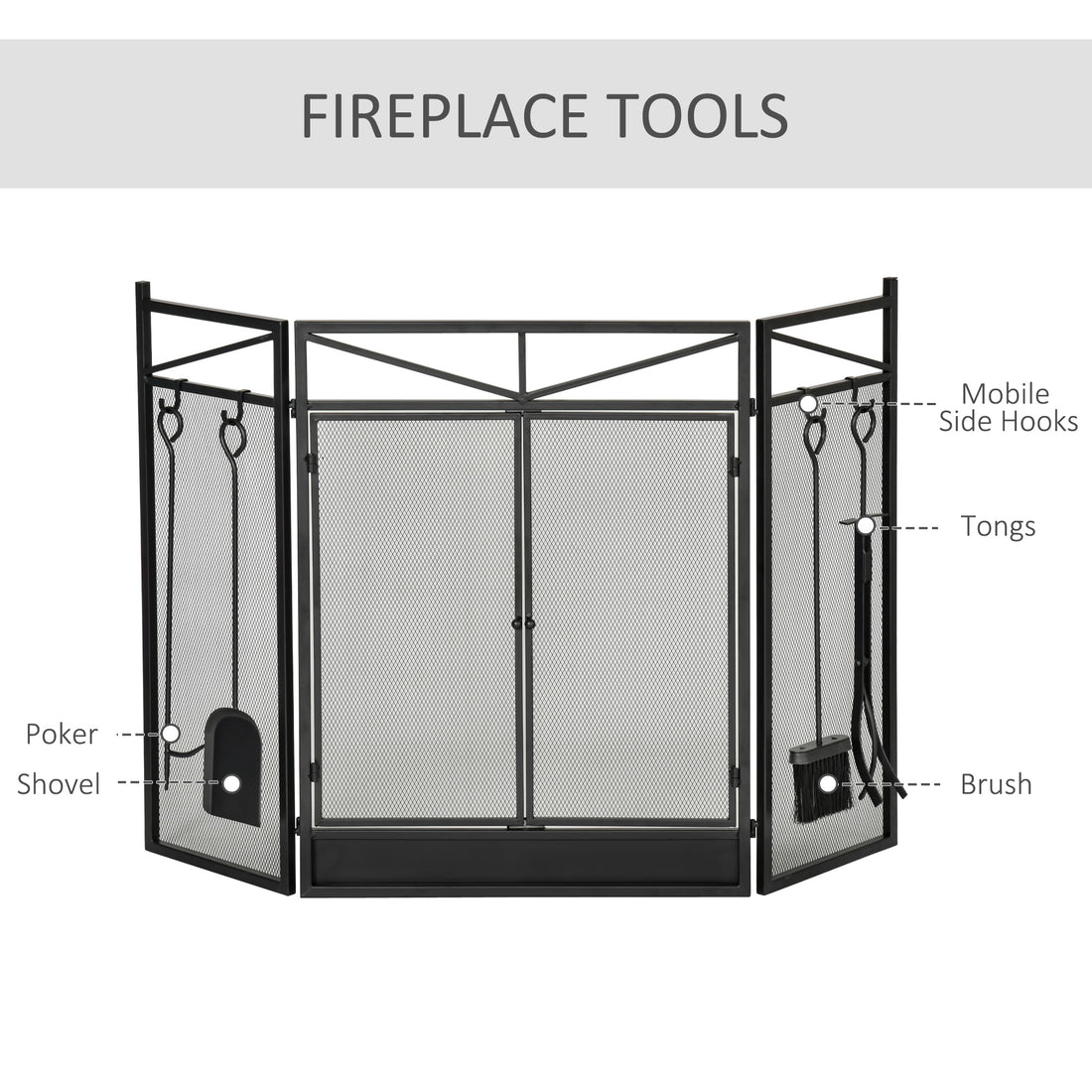 3 Panel Folding Fireplace Screen With 2 Magnetic Doors And Fire Place Tools Set, Fire Spark Guard For Wood Burning, With Brush, Shovel, Poker, Firewood Tongs, 48" X 0.75", Black Black Steel