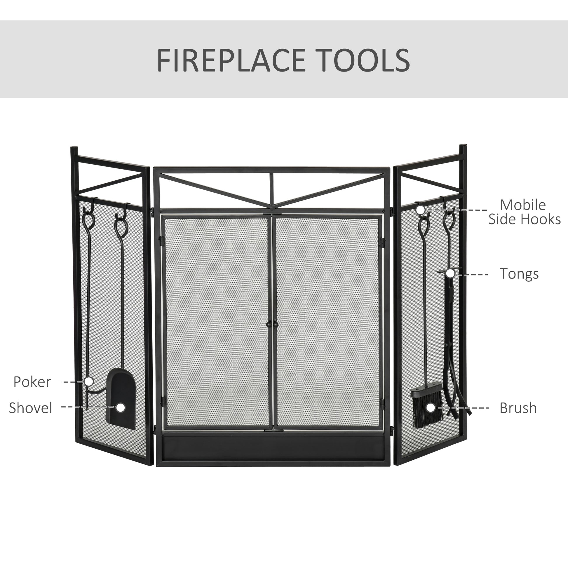 3 Panel Folding Fireplace Screen With 2 Magnetic Doors And Fire Place Tools Set, Fire Spark Guard For Wood Burning, With Brush, Shovel, Poker, Firewood Tongs, 48" X 0.75", Black Black Steel