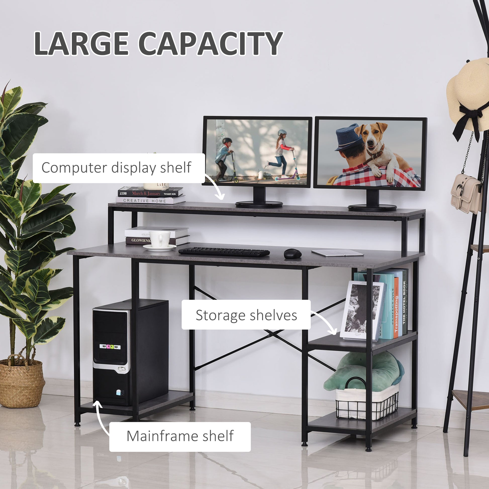55 Inch Home Office Computer Desk Study Writing Workstation With Storage Shelves, Elevated Monitor Shelf, Cpu Stand, Durable X Shaped Construction, Grey Wood Grain Grey Engineered Wood