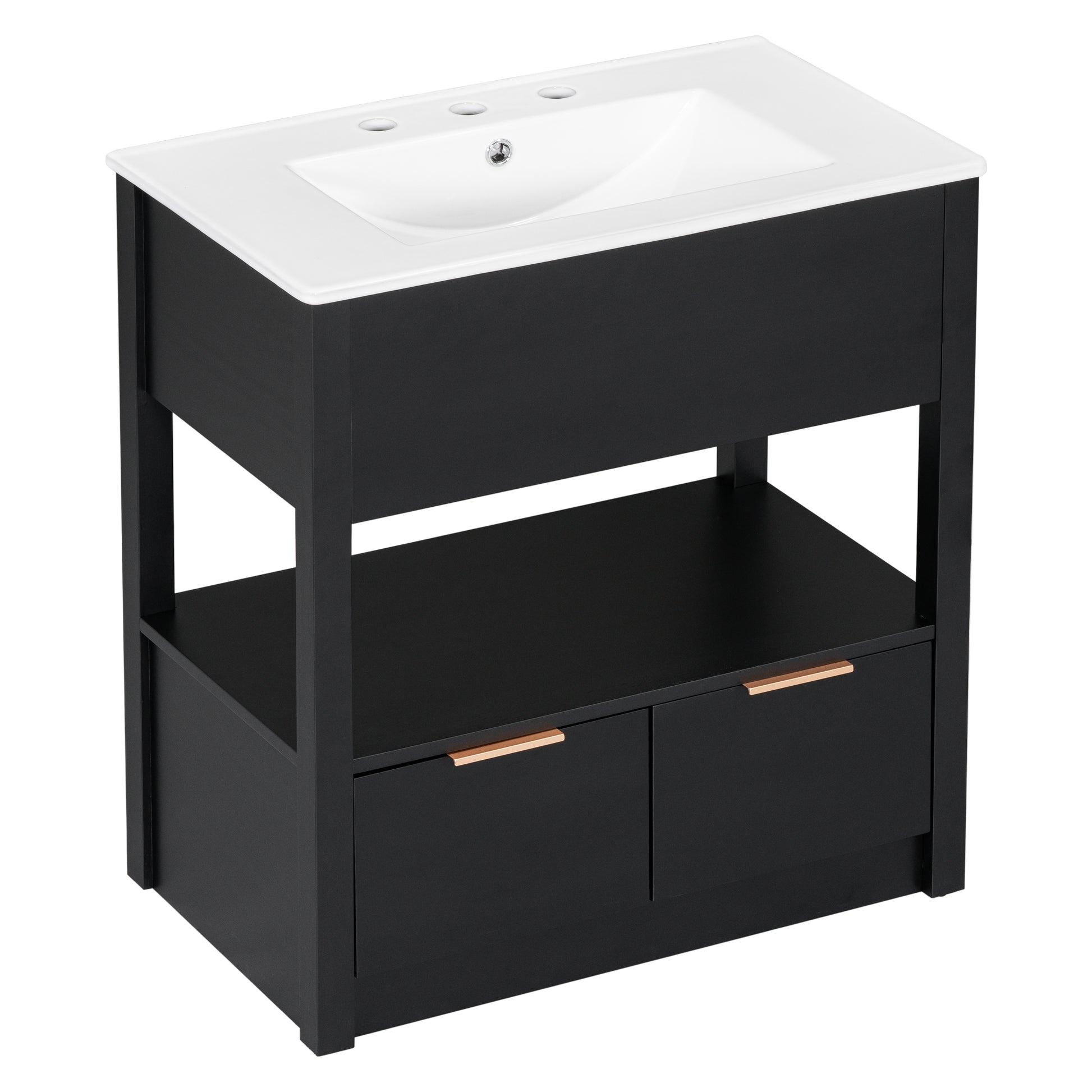 30" Bathroom Vanity With Sink Top, Bathroom Cabinet With Open Storage Shelf And Two Drawers, One Package, Black Old Sku:Wf311619Aap Black Solid Wood Mdf