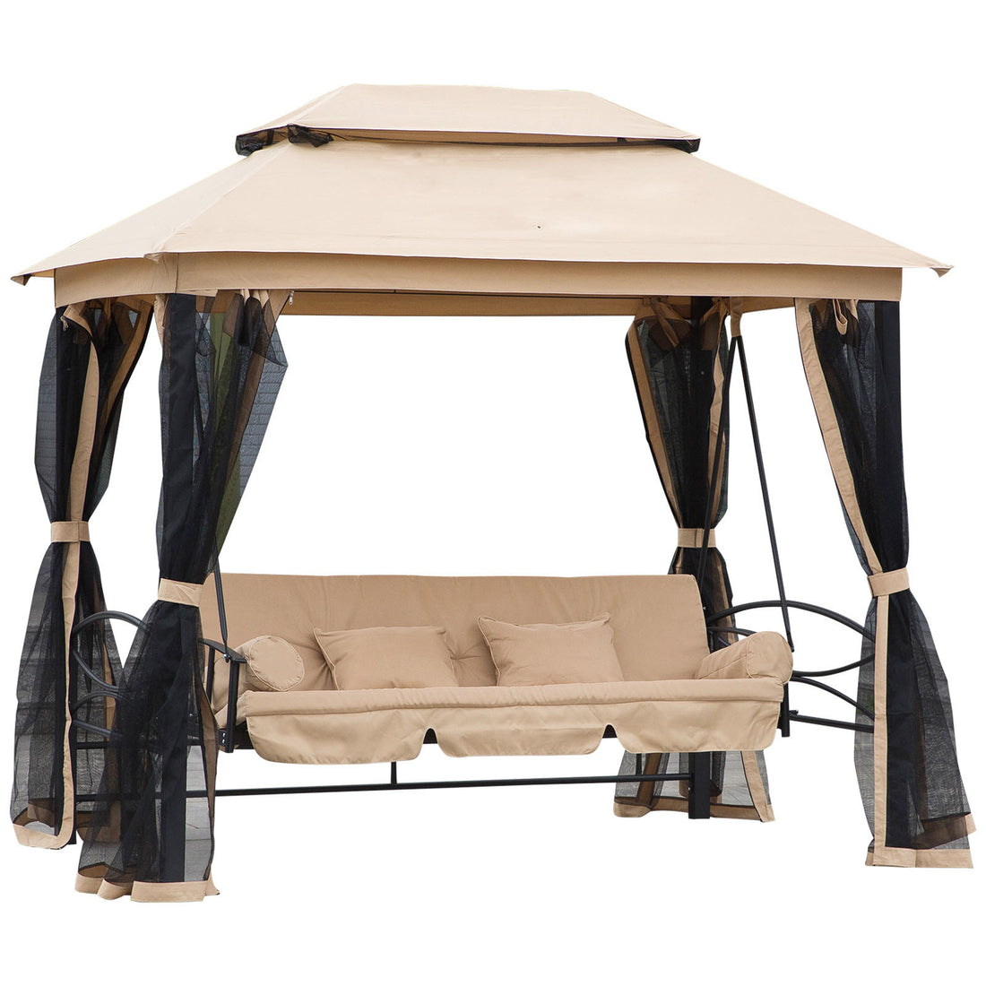 3 Seat Patio Swing Chair, Outdoor Gazebo Swing With Double Tier Canopy, Mesh Sidewalls, Cushioned Seat And Pillows, Beige Beige Steel