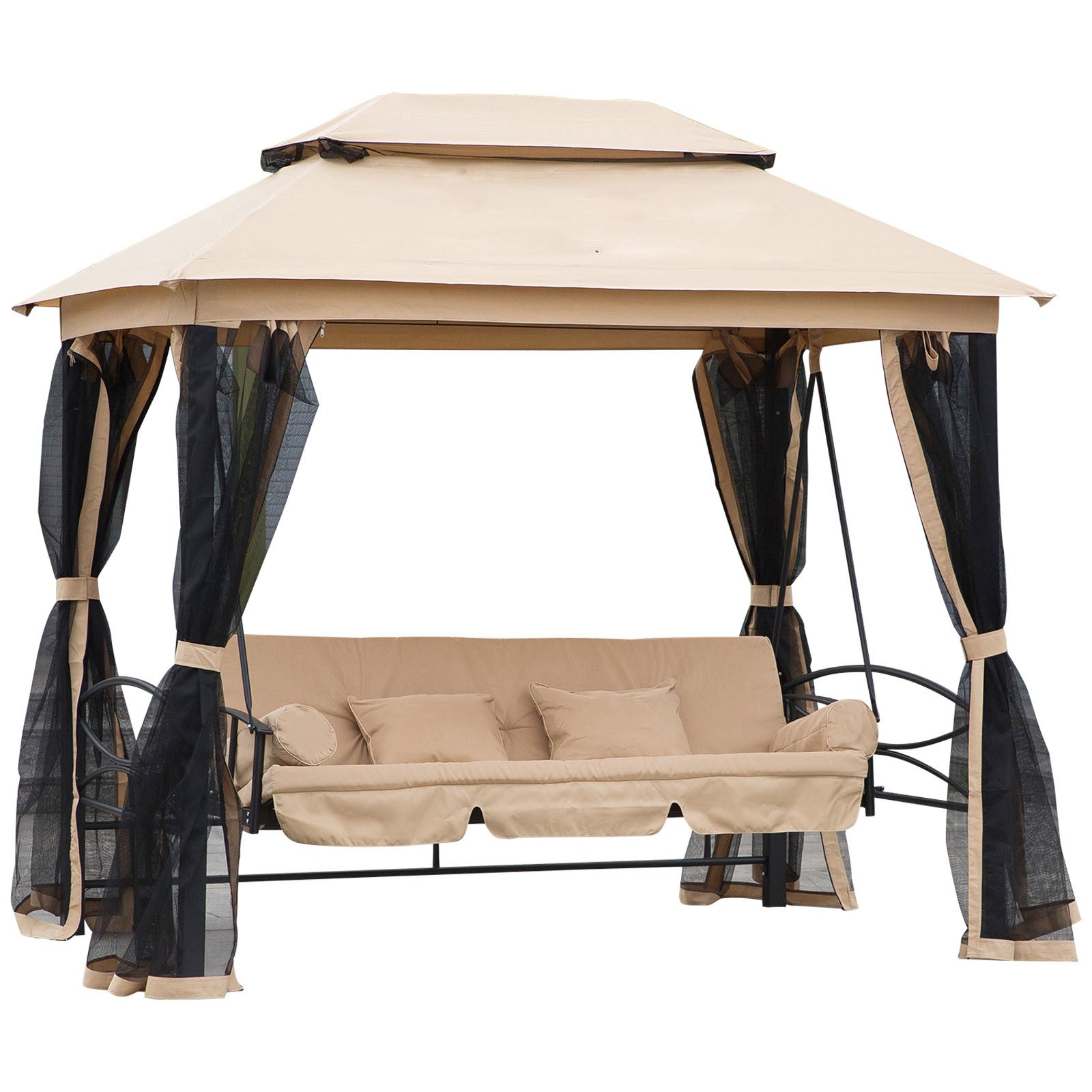 3 Seat Patio Swing Chair, Outdoor Gazebo Swing With Double Tier Canopy, Mesh Sidewalls, Cushioned Seat And Pillows, Beige Beige Steel