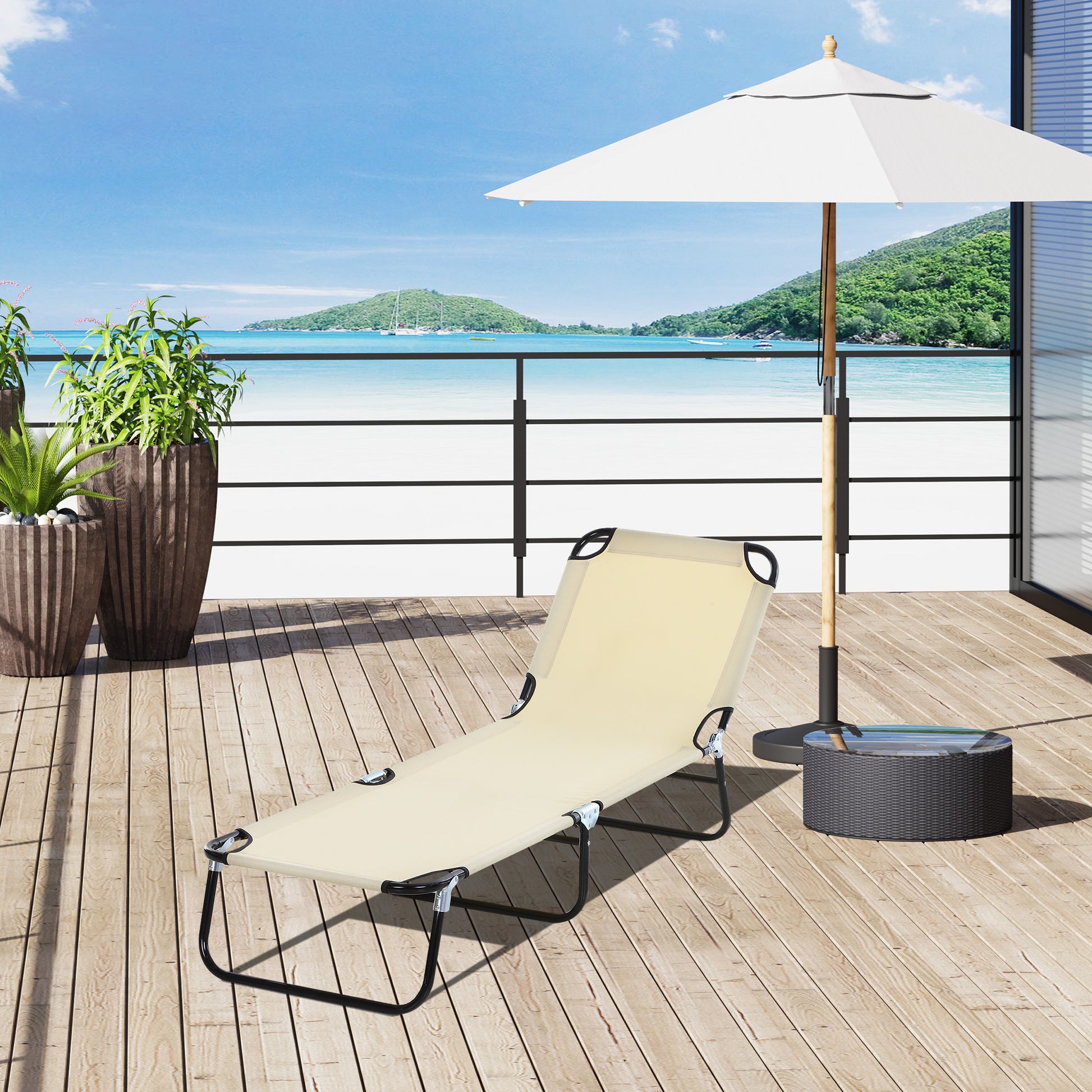 Foldable Outdoor Chaise Lounge Chair, 5 Level Reclining Camping Tanning Chair With Strong Oxford Fabric For Beach, Yard, Patio, Pool, Beige Beige Steel
