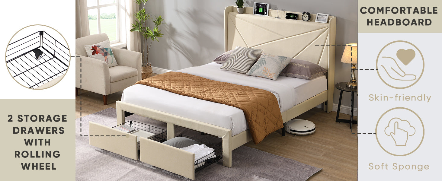 Queen Size Bed Frame With 2 Storage Drawers, Upholstered Bed Frame With Wingback Headboard Storage Shelf Built In Usb Charging Stations And Strong Wood Slats Support, No Box Spring Needed, Beige Box Spring Not Required Queen Beige Composite Bedroom Bed