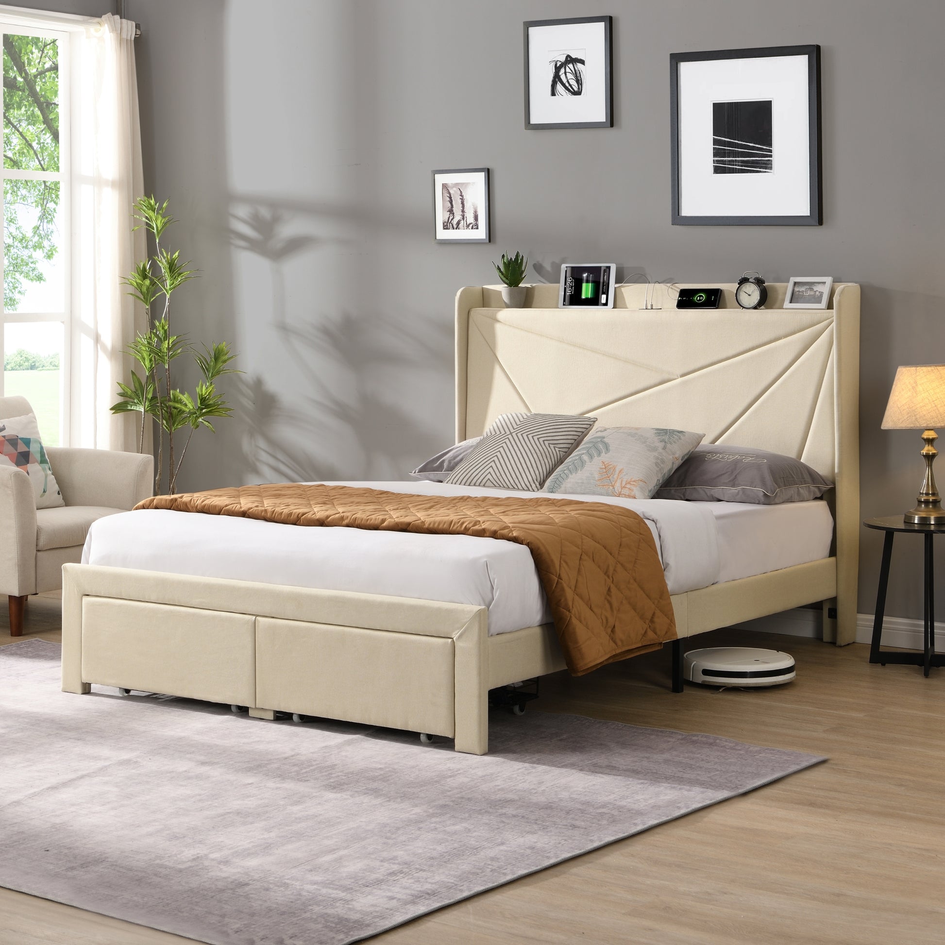 Queen Size Bed Frame With 2 Storage Drawers, Upholstered Bed Frame With Wingback Headboard Storage Shelf Built In Usb Charging Stations And Strong Wood Slats Support, No Box Spring Needed, Beige Box Spring Not Required Queen Beige Composite Bedroom Bed
