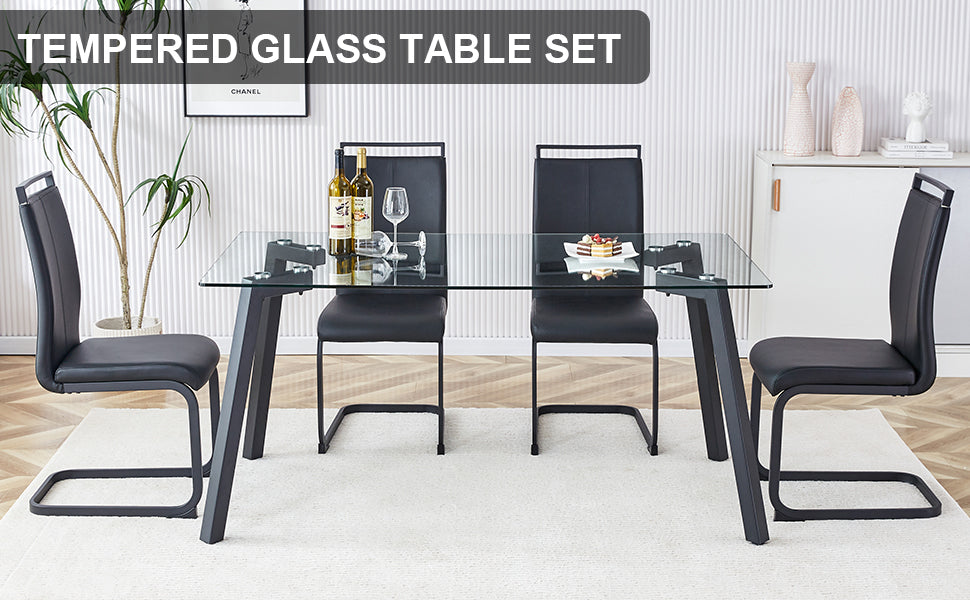 Table And Chair Set, 1 Table And 6 Chairs. Rectangular Glass Dining Table, 0.31 "Tempered Glass Tabletop And Black Coated Metal Legs. Paired With Black Pu Chairs. 1123 1162 Black Glass