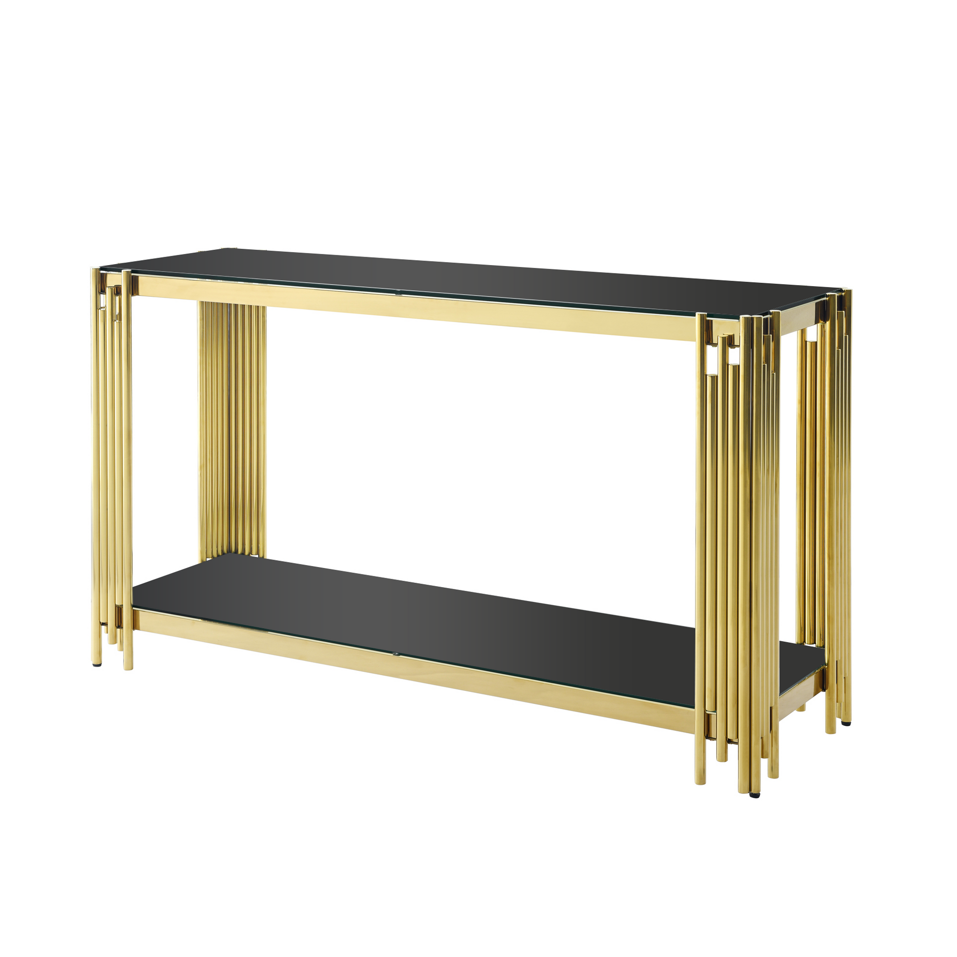 Modern Glass Console Table, 55" Gold Sofa Table With Sturdy Metal Frame And Black Tempered Glass Top, For Living Room Entryway Bedroom, Gold Finish Polished Golden Stainless Steel
