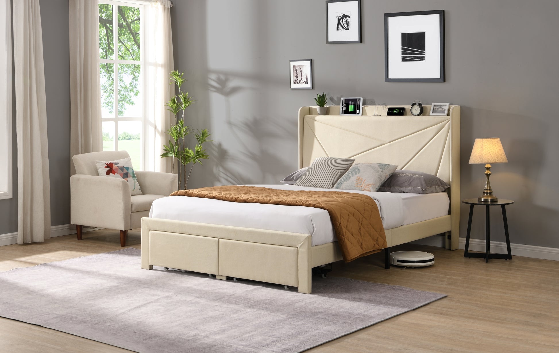 Queen Size Bed Frame With 2 Storage Drawers, Upholstered Bed Frame With Wingback Headboard Storage Shelf Built In Usb Charging Stations And Strong Wood Slats Support, No Box Spring Needed, Beige Box Spring Not Required Queen Beige Composite Bedroom Bed