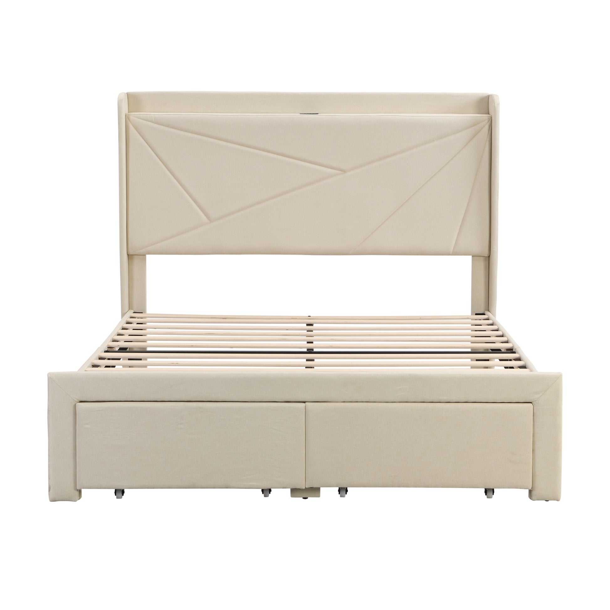 Queen Size Bed Frame With 2 Storage Drawers, Upholstered Bed Frame With Wingback Headboard Storage Shelf Built In Usb Charging Stations And Strong Wood Slats Support, No Box Spring Needed, Beige Box Spring Not Required Queen Beige Composite Bedroom Bed
