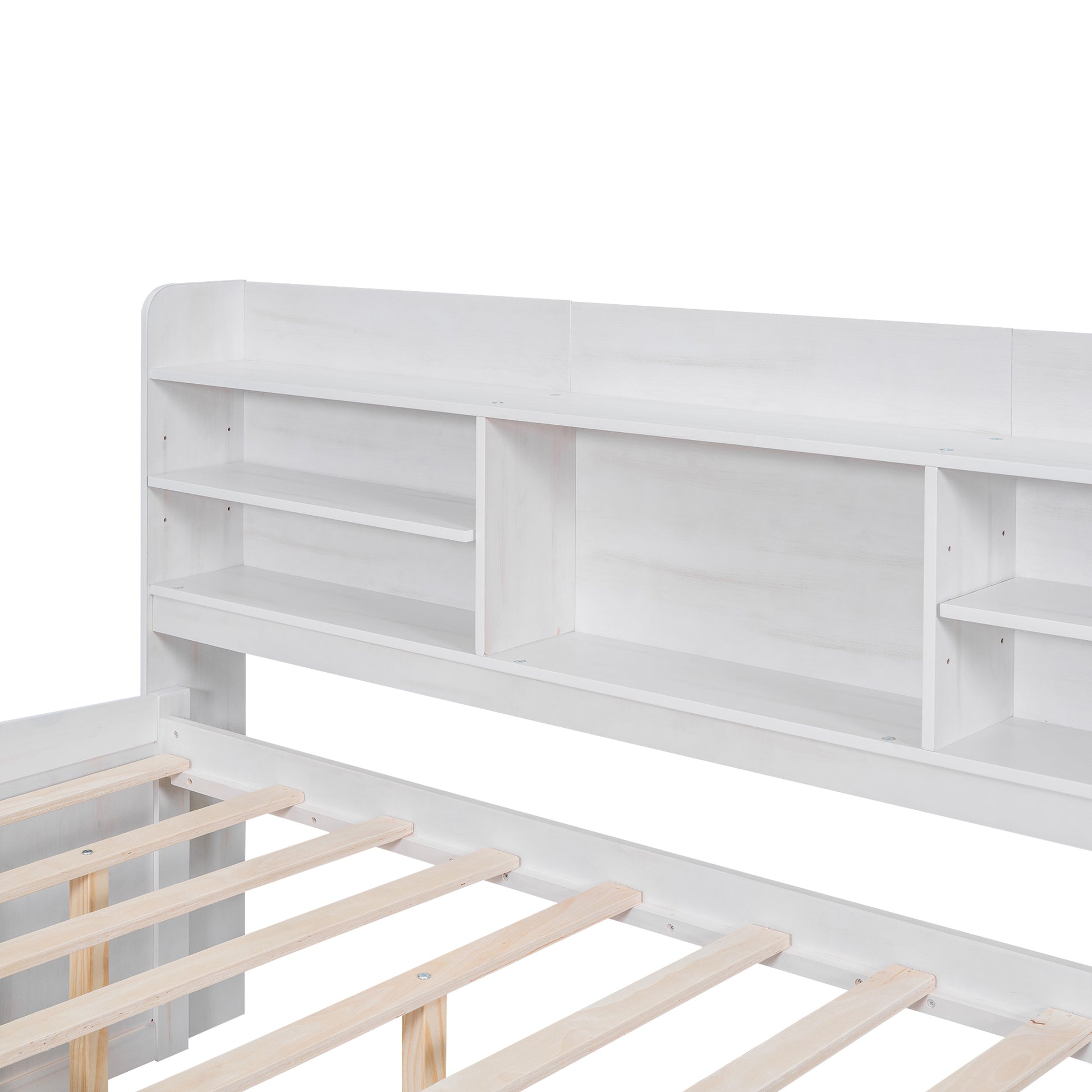 Full Size Wooden Captain Bed With Built In Bookshelves,Three Storage Drawers And Trundle,White Wash White Solid Wood Mdf