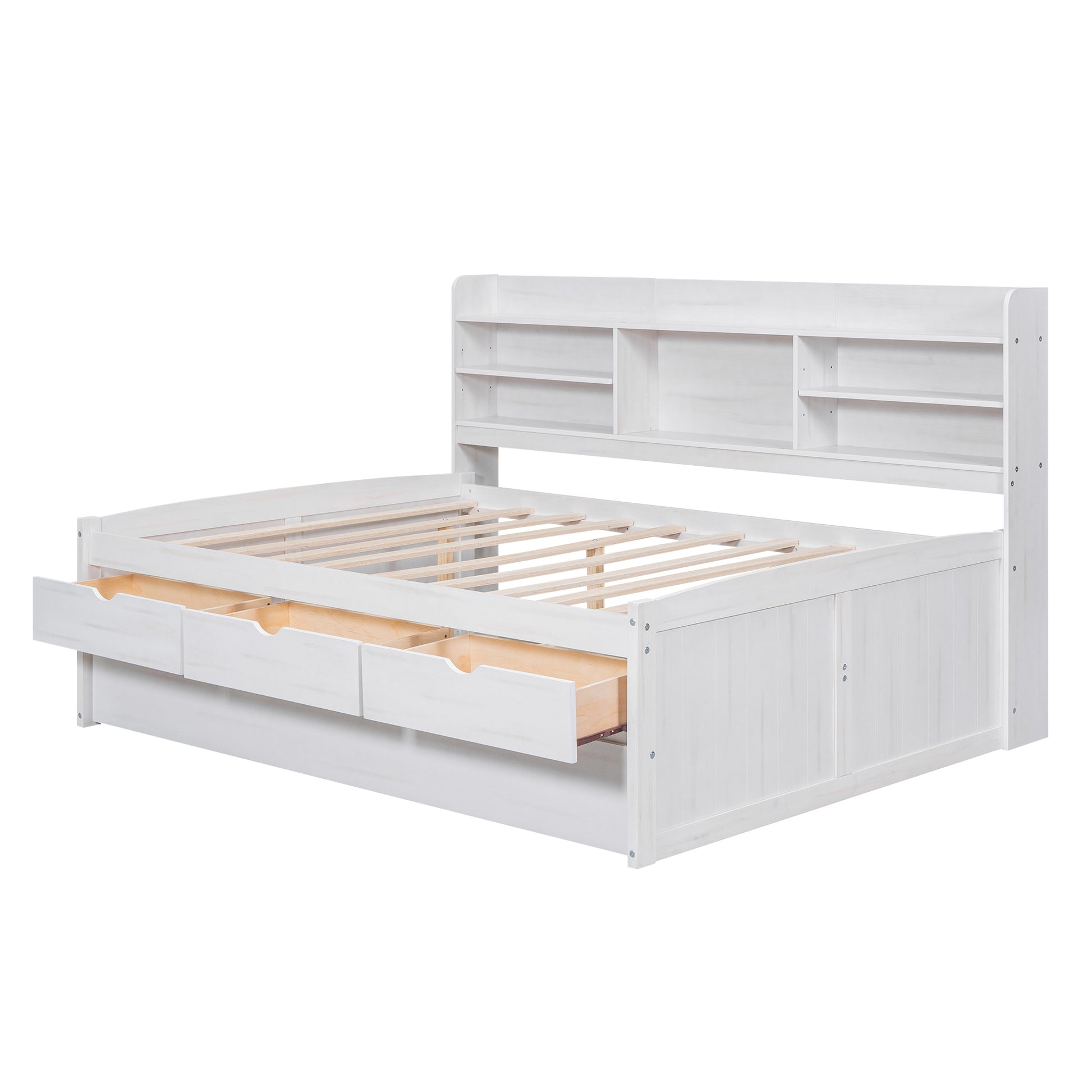 Full Size Wooden Captain Bed With Built In Bookshelves,Three Storage Drawers And Trundle,White Wash White Solid Wood Mdf