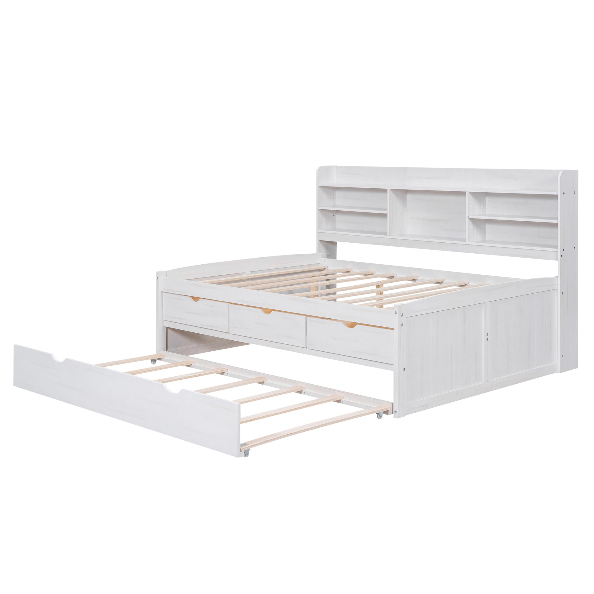 Full Size Wooden Captain Bed With Built In Bookshelves,Three Storage Drawers And Trundle,White Wash White Solid Wood Mdf