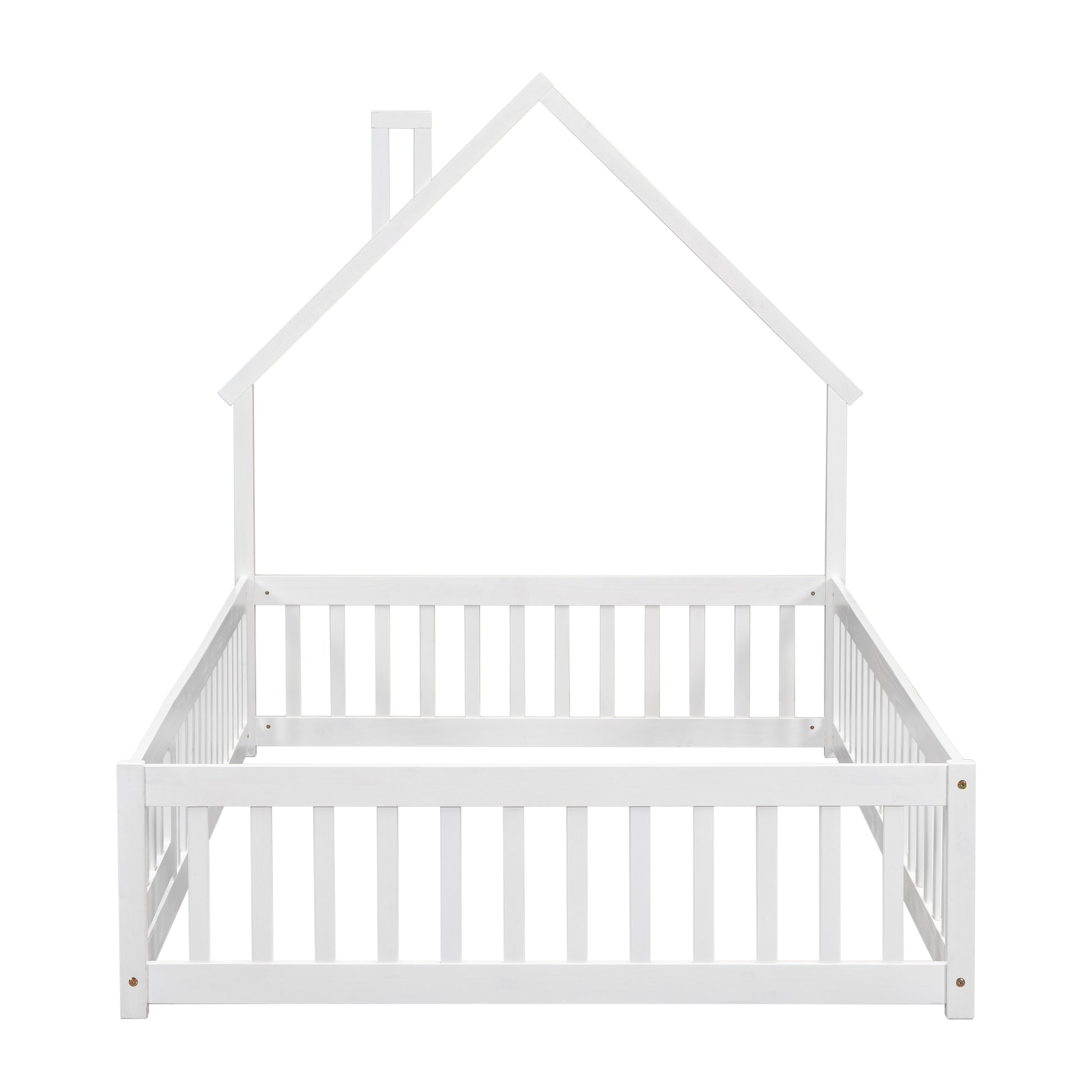 Full House Shaped Headboard Floor Bed With Fence ,White Full White Wood Bedroom American Design Pine Bed Frame Pine