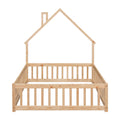 Full House Shaped Headboard Floor Bed With Fence,Natural Full Natural Wood Bedroom American Design Pine Bed Frame Pine
