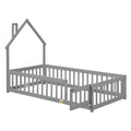 Twin House Shaped Headboard Floor Bed With Fence,Grey Twin Grey Wood Bedroom American Design Pine Bed Frame Pine