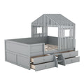 Full Size House Low Loft Bed With Four Drawers,Gray Box Spring Not Required Gray Wood Pine