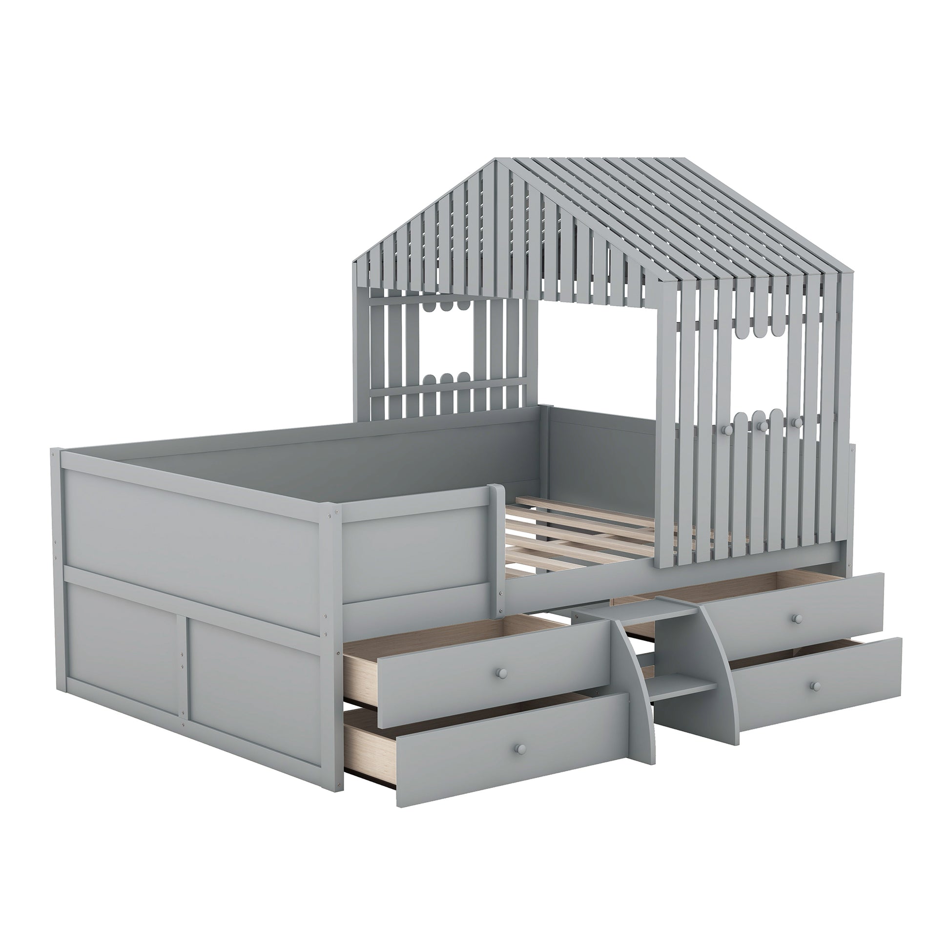 Full Size House Low Loft Bed With Four Drawers,Gray Box Spring Not Required Gray Wood Pine