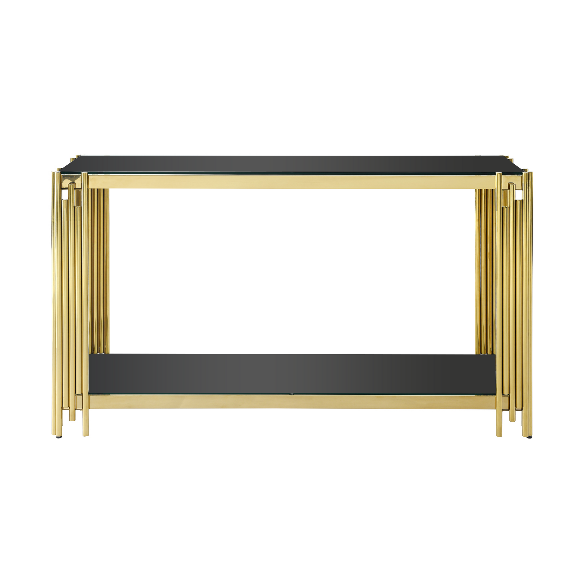 Modern Glass Console Table, 55" Gold Sofa Table With Sturdy Metal Frame And Black Tempered Glass Top, For Living Room Entryway Bedroom, Gold Finish Polished Golden Stainless Steel