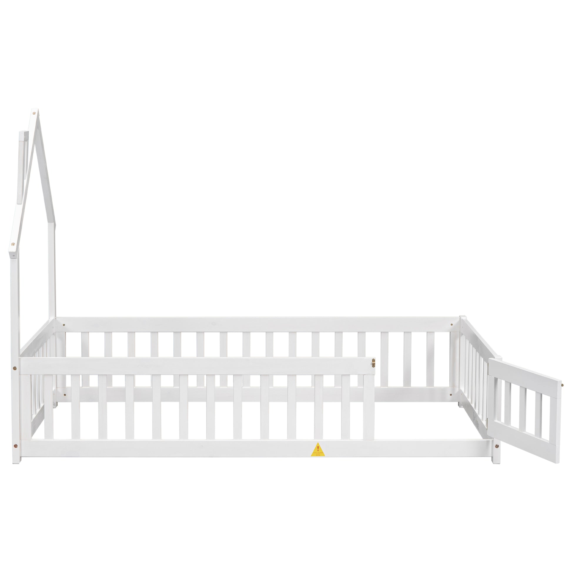 Twin House Shaped Headboard Floor Bed With Fence,White Twin White Wood Bedroom American Design Pine Bed Frame Pine