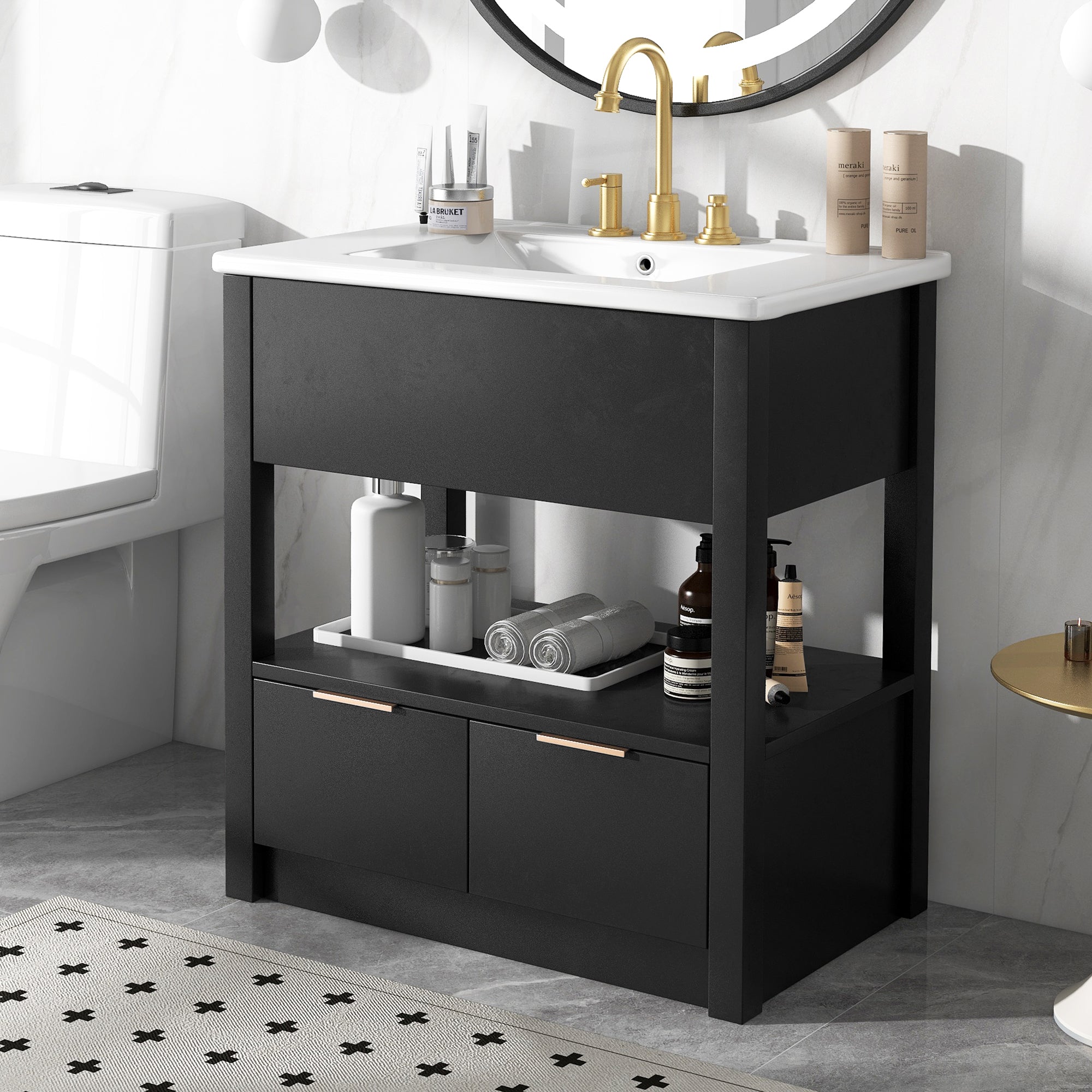 30" Bathroom Vanity With Sink Top, Bathroom Cabinet With Open Storage Shelf And Two Drawers, One Package, Black Old Sku:Wf311619Aap Black Solid Wood Mdf