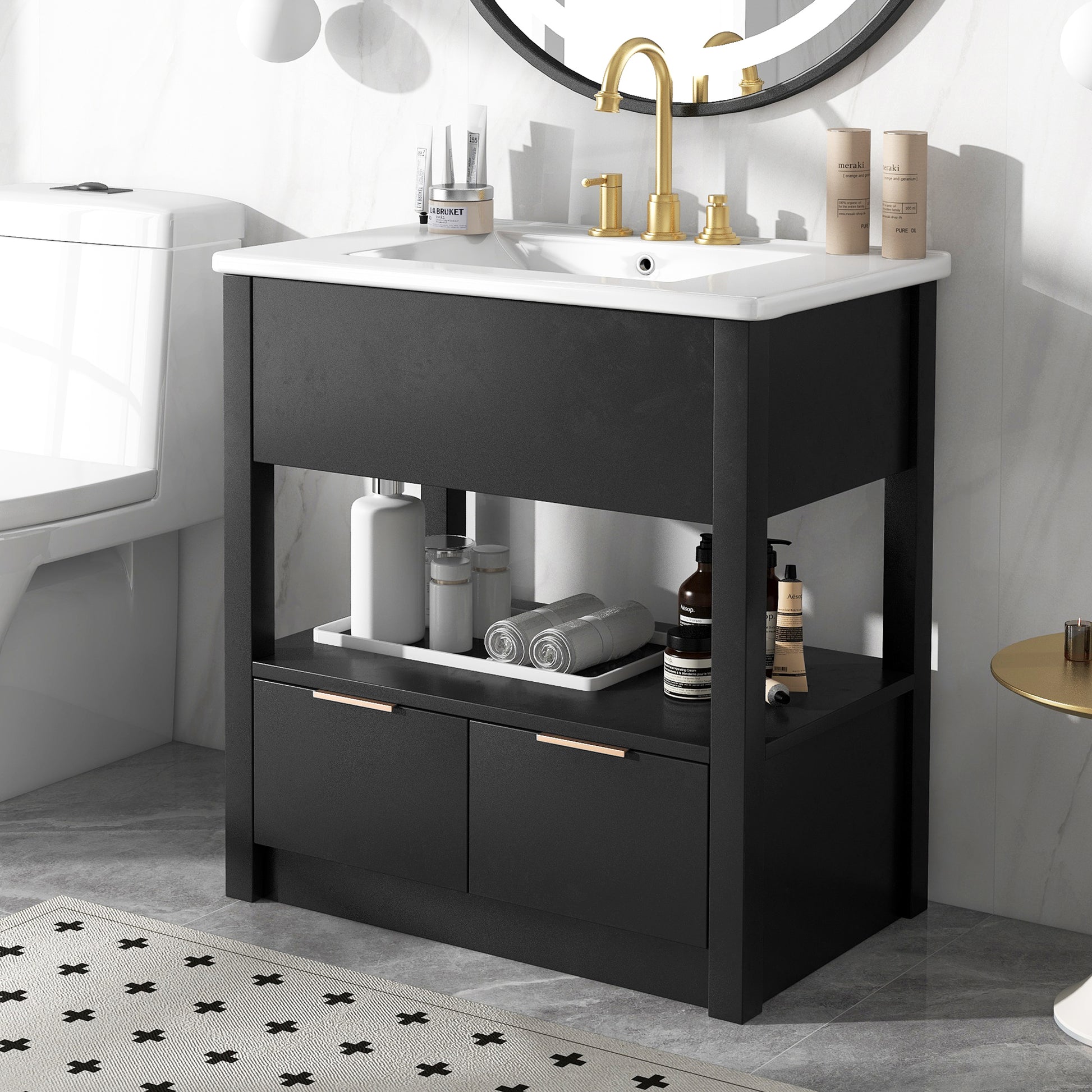 30" Bathroom Vanity With Sink Top, Bathroom Cabinet With Open Storage Shelf And Two Drawers, One Package, Black Old Sku:Wf311619Aap Black Solid Wood Mdf