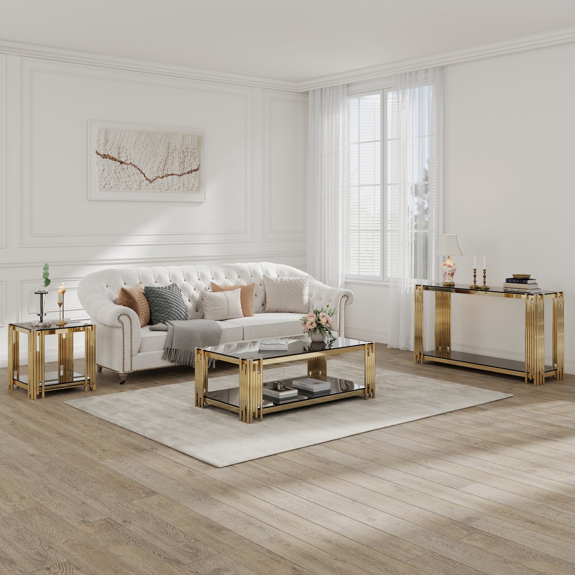 Modern Glass Console Table, 55" Gold Sofa Table With Sturdy Metal Frame And Black Tempered Glass Top, For Living Room Entryway Bedroom, Gold Finish Polished Golden Stainless Steel