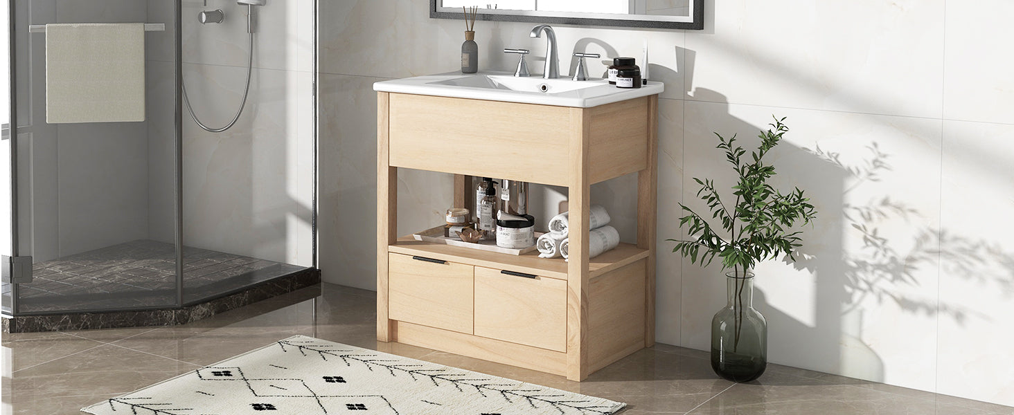 30" Bathroom Vanity With Sink Top, Bathroom Cabinet With Open Storage Shelf And Two Drawers, One Package, Natural Old Sku:Wf311619Aad Natural Solid Wood Mdf