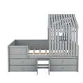 Full Size House Low Loft Bed With Four Drawers,Gray Box Spring Not Required Gray Wood Pine