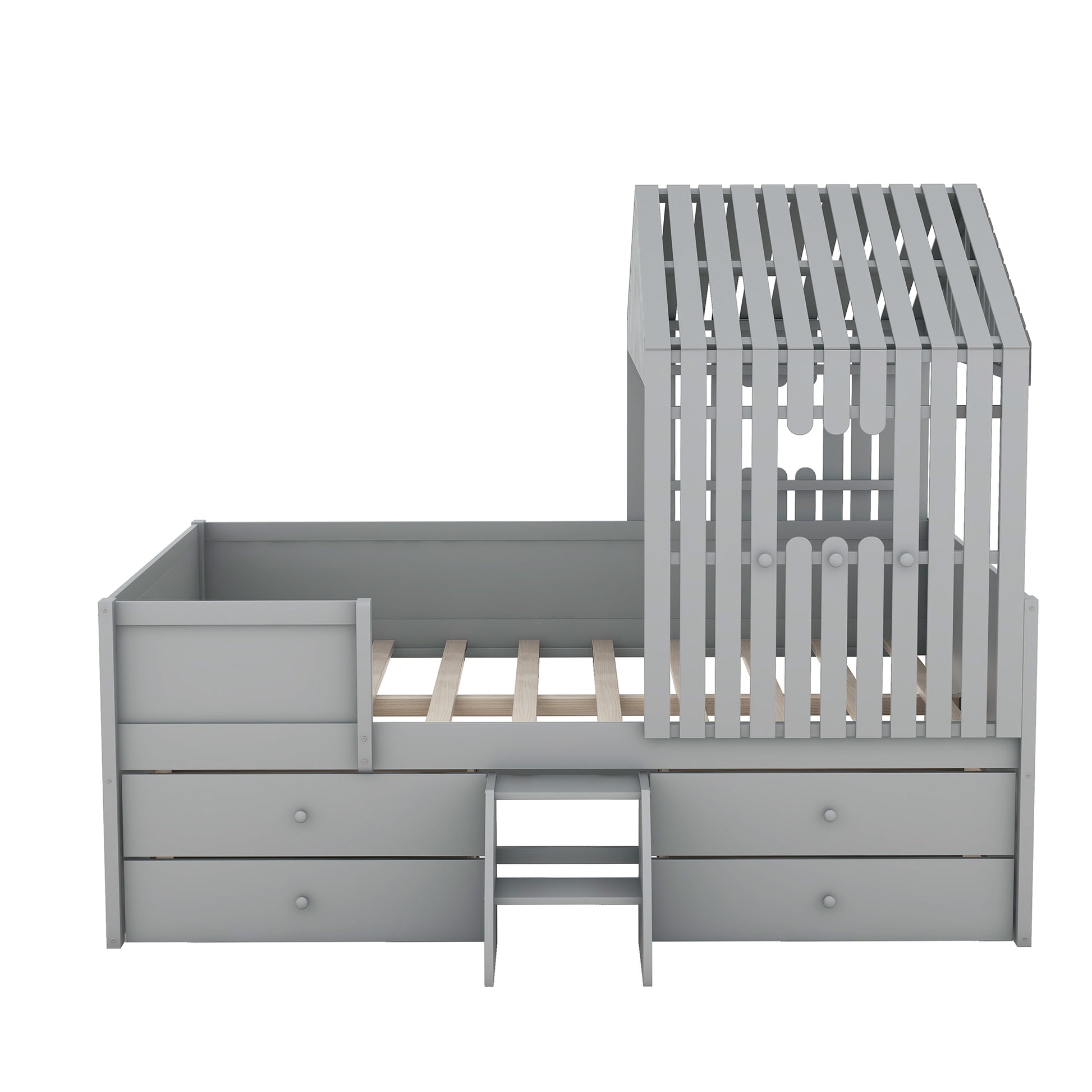 Full Size House Low Loft Bed With Four Drawers,Gray Box Spring Not Required Gray Wood Pine