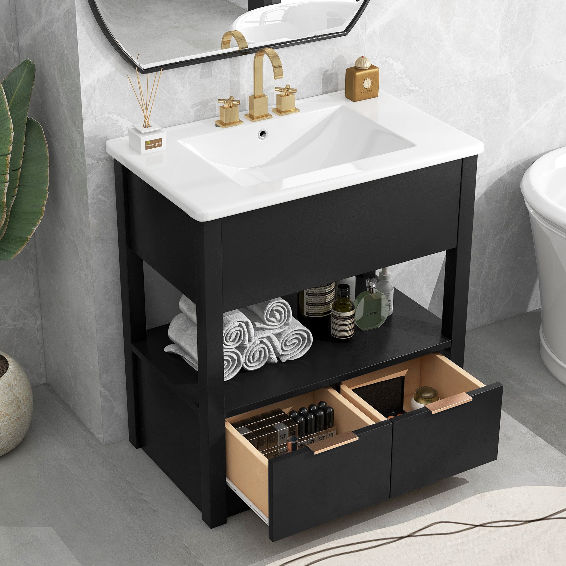 30" Bathroom Vanity With Sink Top, Bathroom Cabinet With Open Storage Shelf And Two Drawers, One Package, Black Old Sku:Wf311619Aap Black Solid Wood Mdf