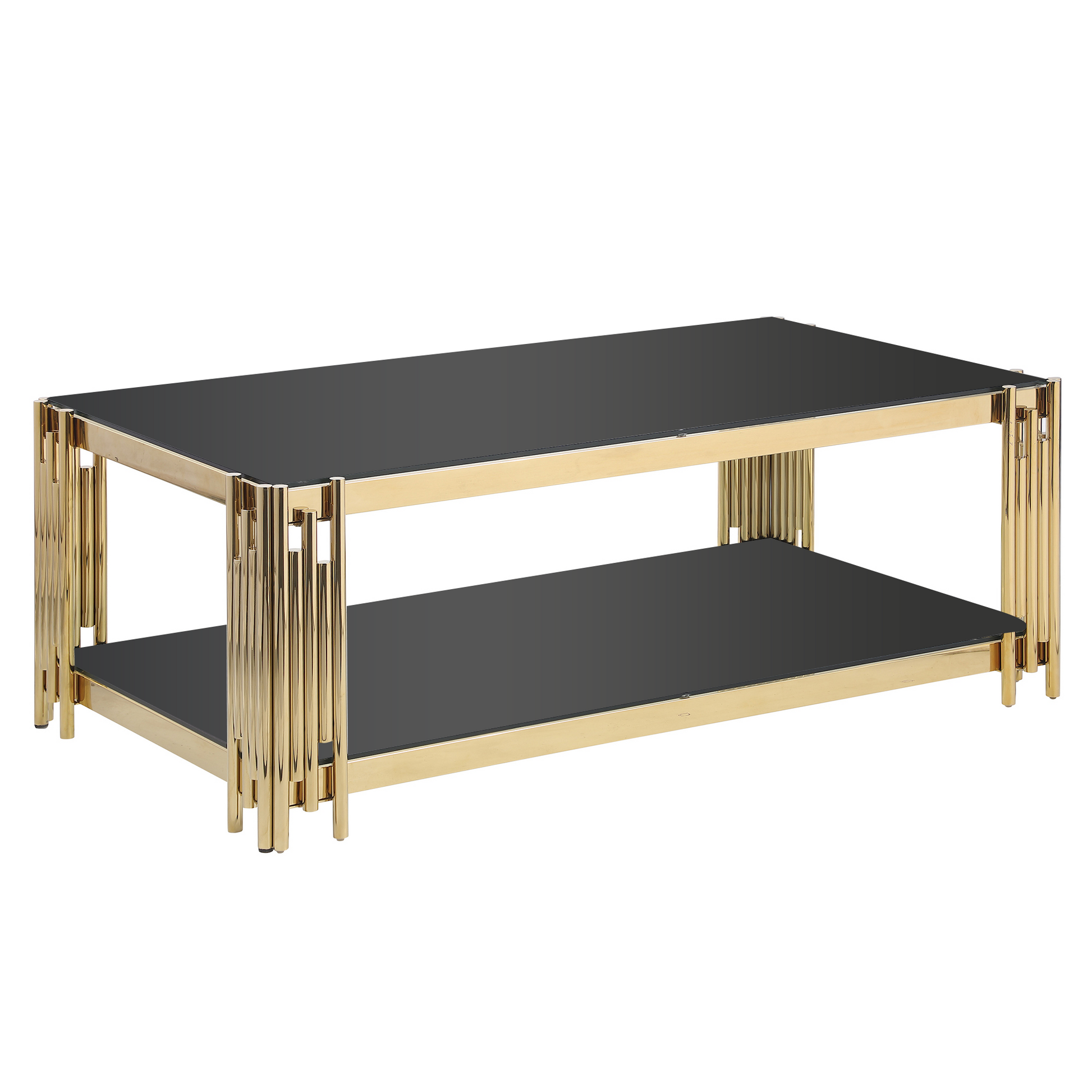 48" Wide Rectangular Coffee Table With Black Tempered Glass Top, Golden Stainless Steel Double Layer Coffee Table For Living Room Polished Golden Stainless Steel